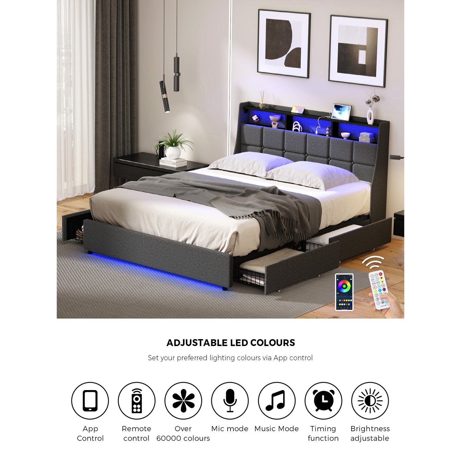 Oikiture Queen Double King Bed Frame LED Storage Headboard & Drawers USB Charge - Sunyee