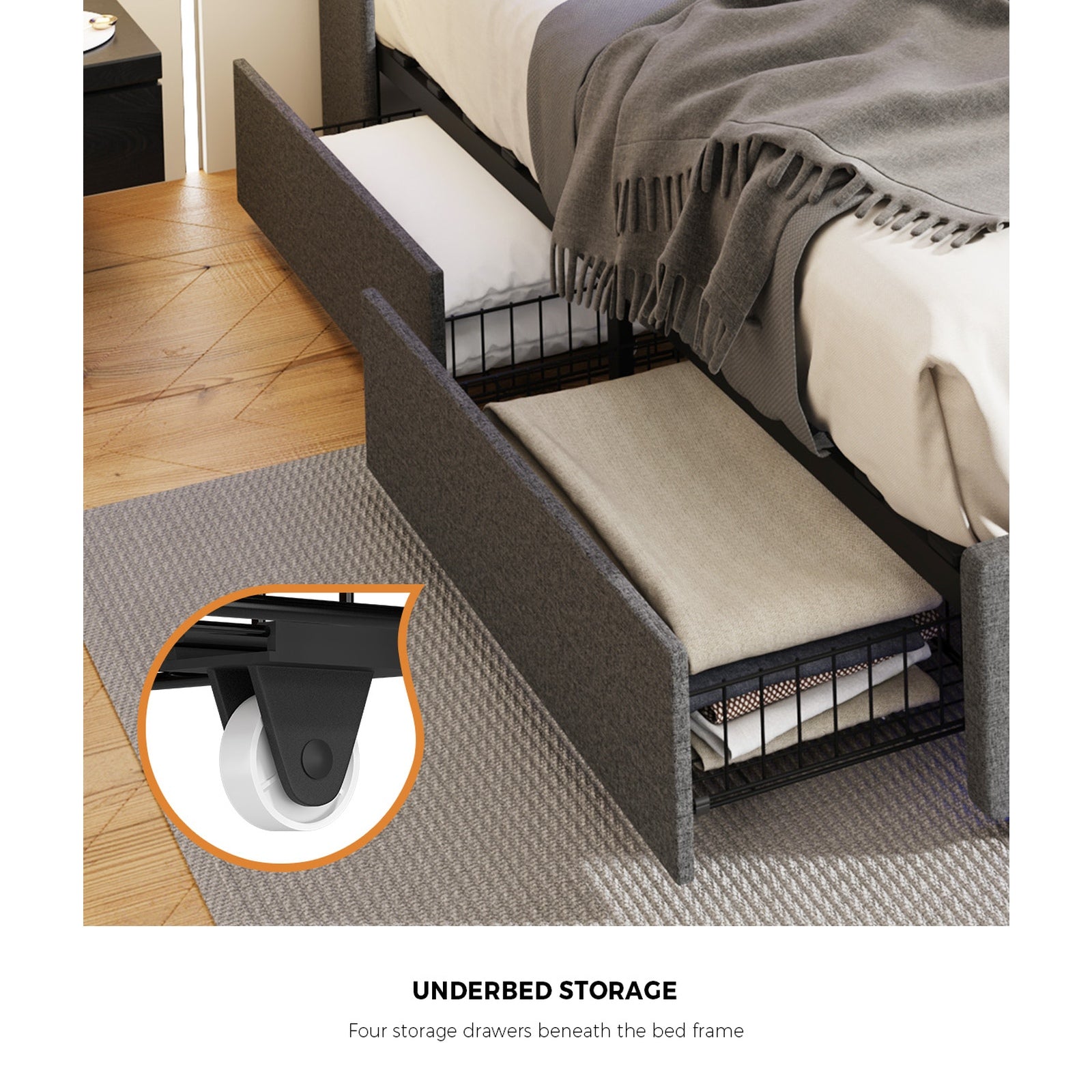 Oikiture Queen Double King Bed Frame LED Storage Headboard & Drawers USB Charge - Sunyee