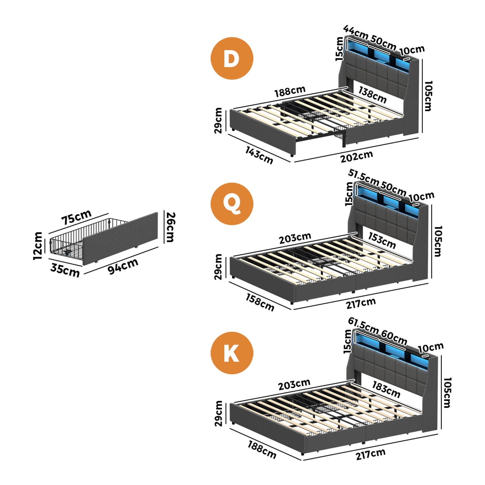 Oikiture Queen Double King Bed Frame LED Storage Headboard & Drawers USB Charge - Sunyee