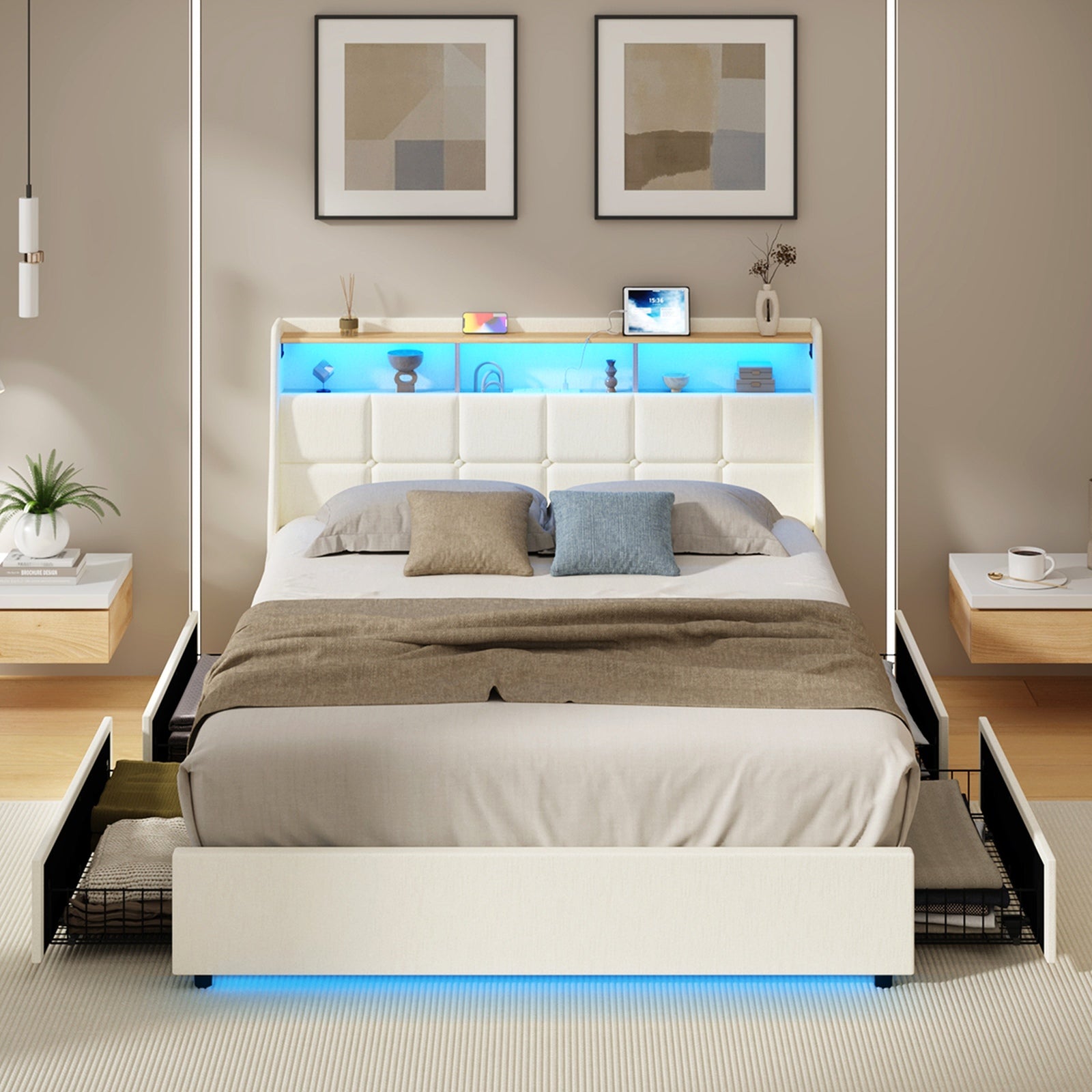 Oikiture Queen Size Bed Frame Headboard RGB Lights with Drawer USB Charge Beige