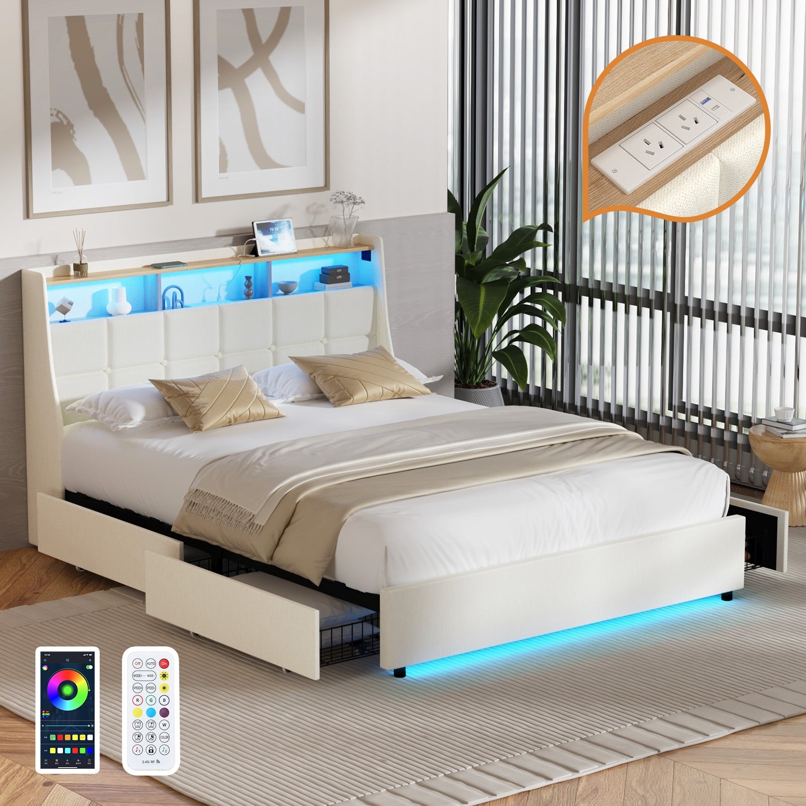 Oikiture Queen Size Bed Frame Headboard RGB Lights with Drawer USB Charge Beige