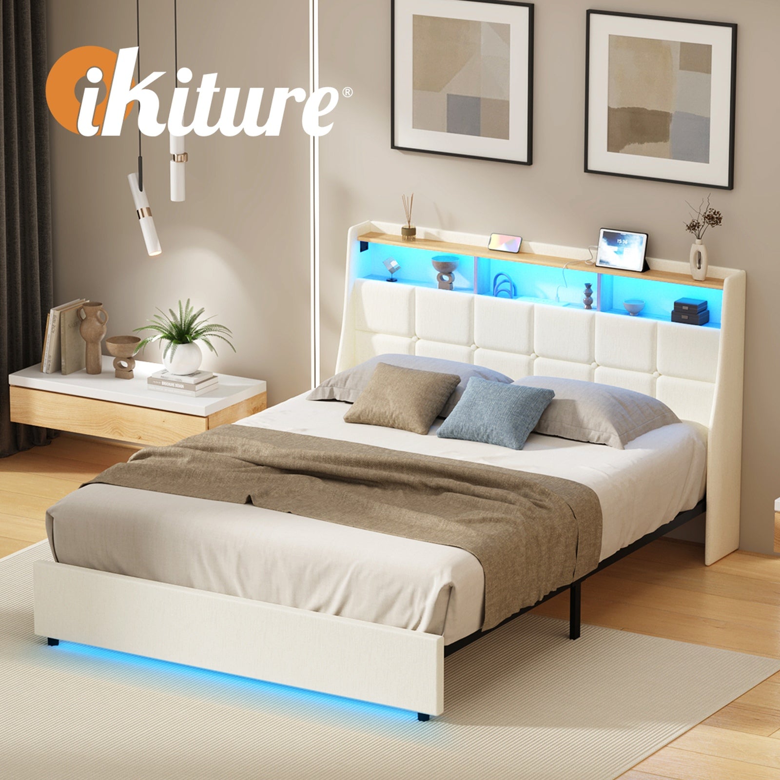 Oikiture Queen Size Bed Frame with LED Storage Headboard USB Charging Beige