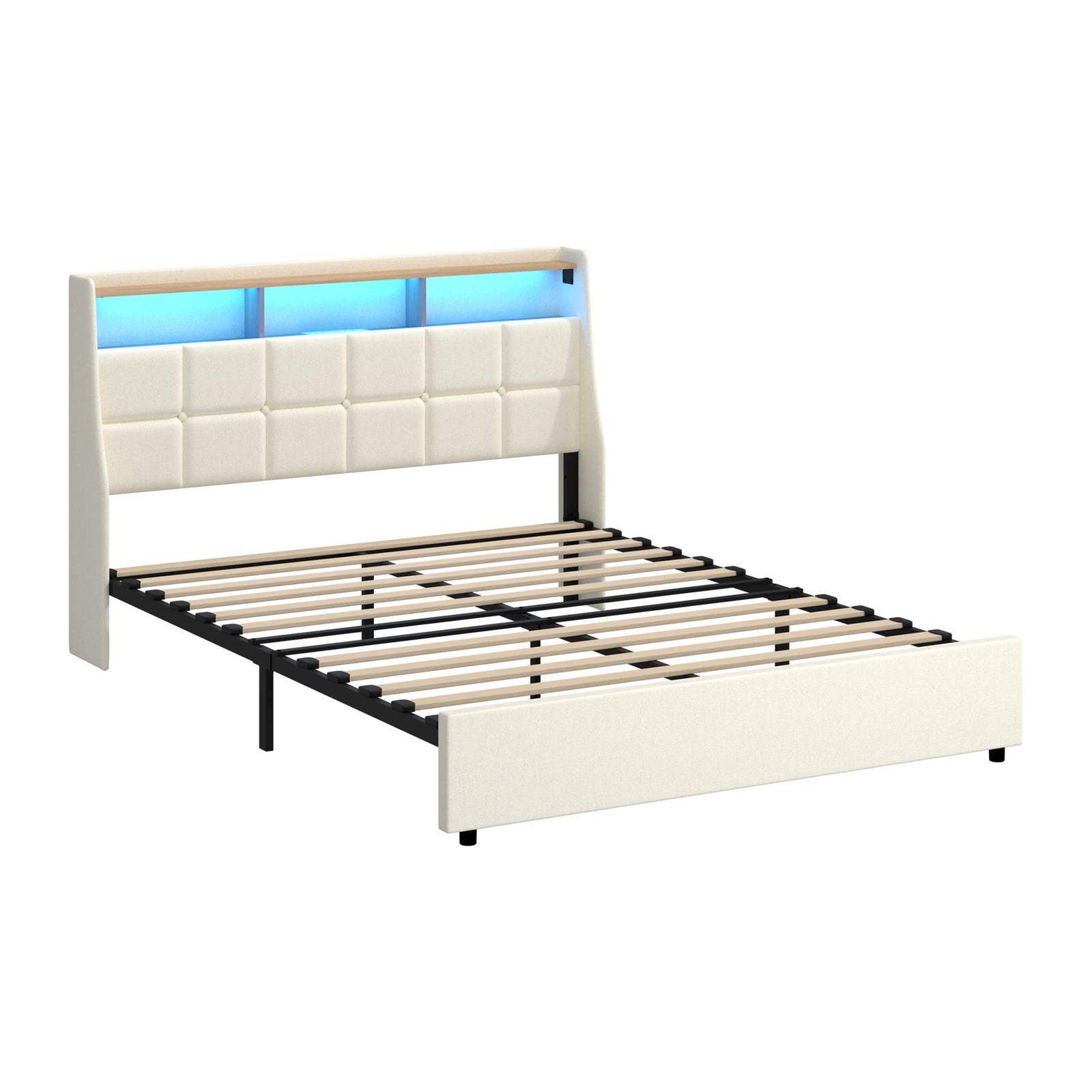 Oikiture Queen Size Bed Frame with LED Storage Headboard USB Charging Beige