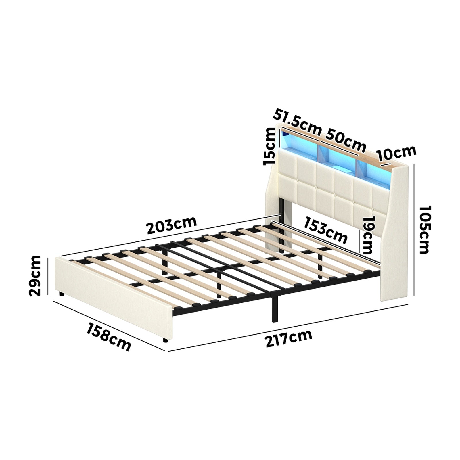 Oikiture Queen Size Bed Frame with LED Storage Headboard USB Charging Beige