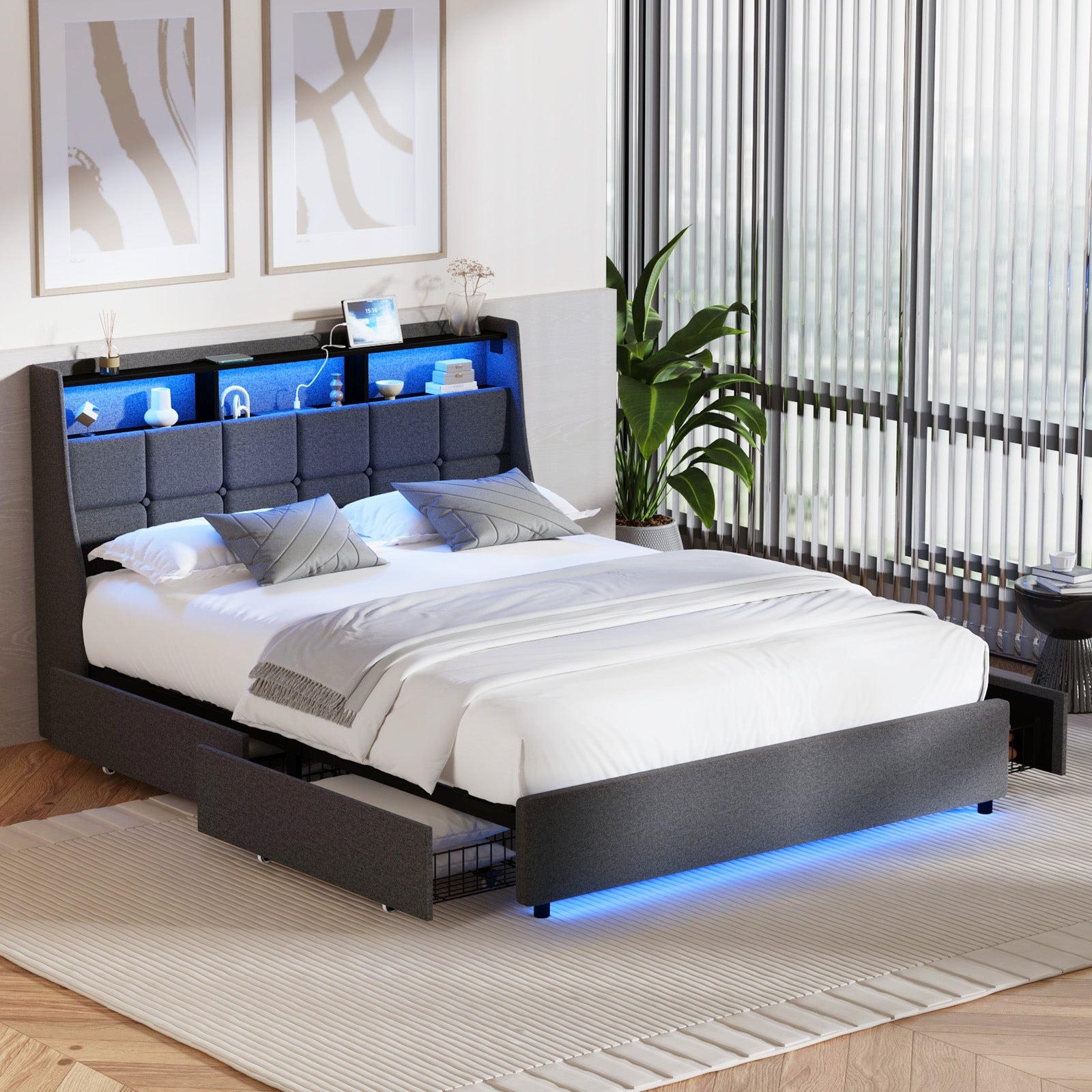 Oikiture Queen Size Bed Frame Headboard RGB LED Lights with Drawer USB Charge - Sunyee