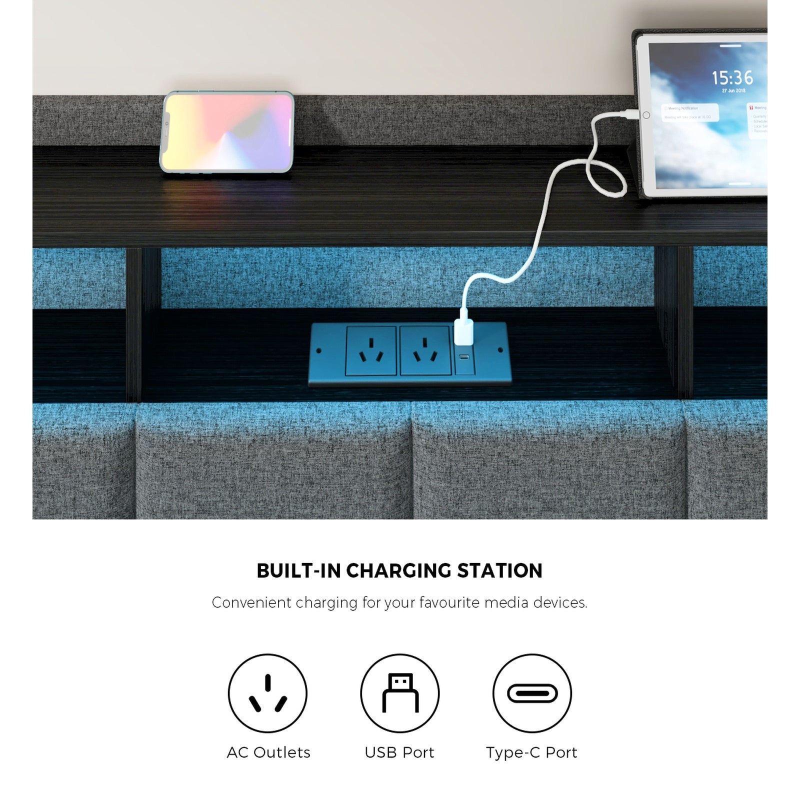 Oikiture Queen Size Bed Frame Headboard RGB LED Lights with Drawer USB Charge - Sunyee