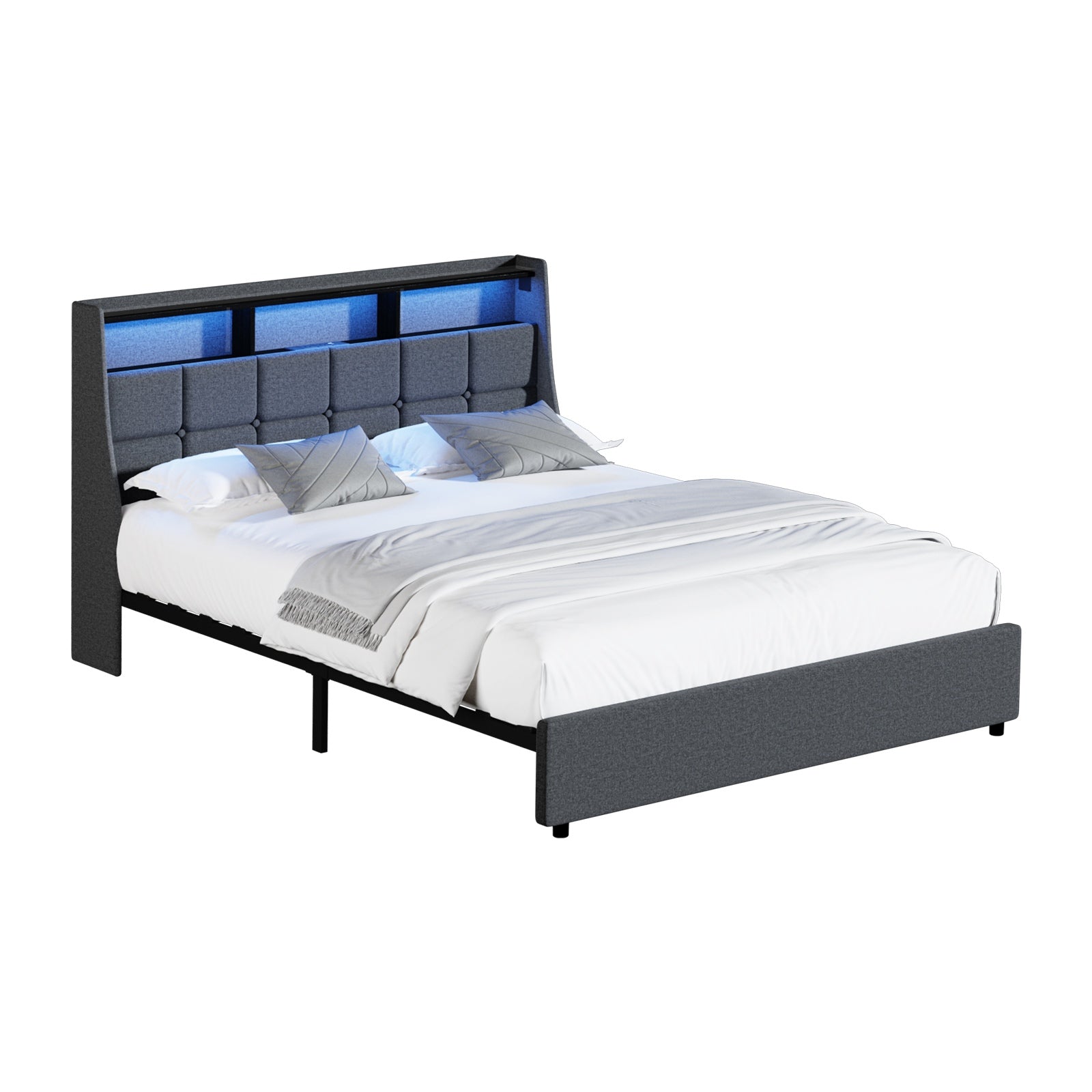 Oikiture Bed Frame Queen Double King Size LED Storge Headboard With USB Charging - Sunyee
