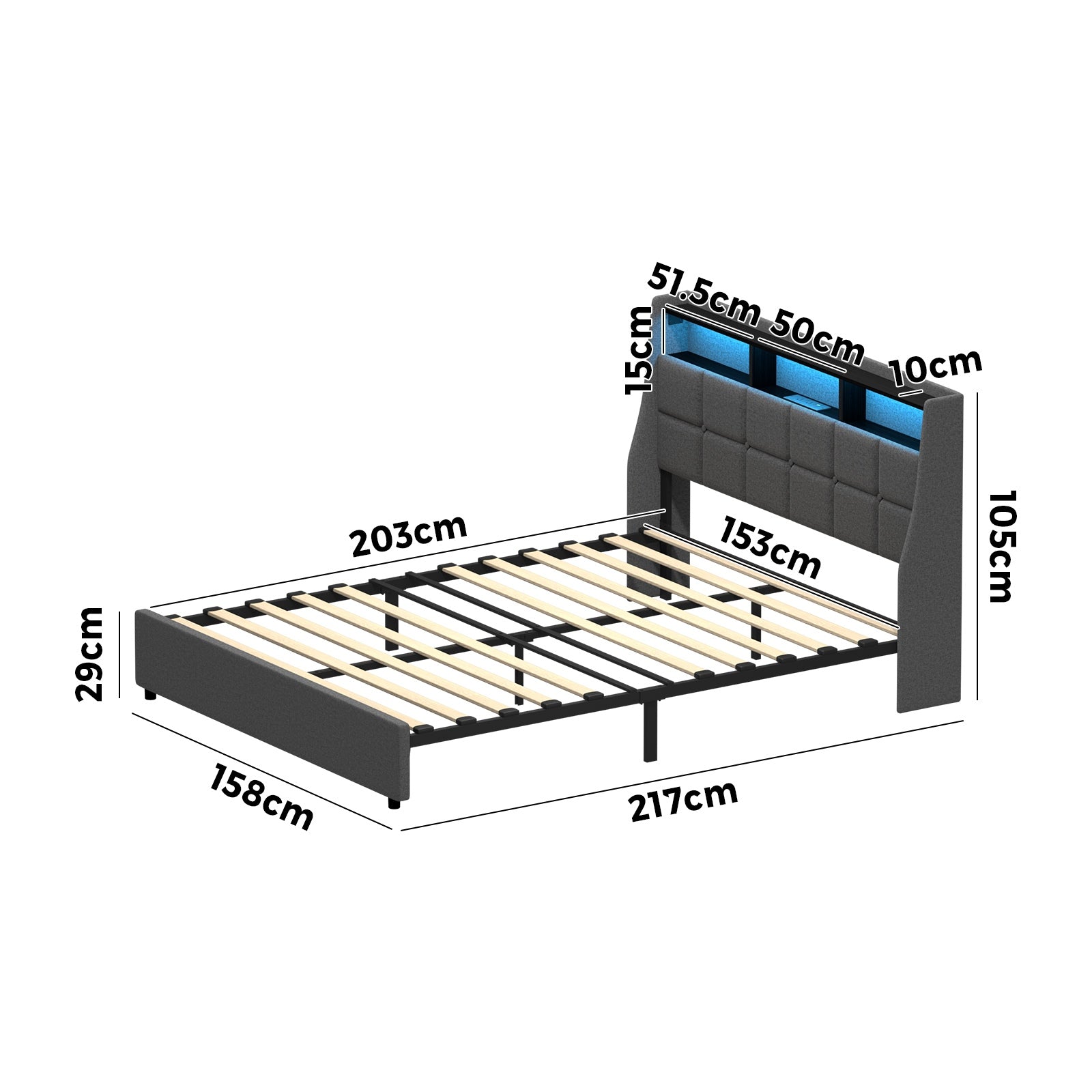 Oikiture Queen Size Bed Frame With LED Storage Headboard USB Charging - Sunyee