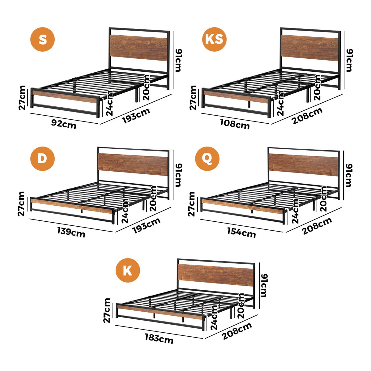 Oikiture Metal Bed Frame Queen Double King Single Size Beds Base Platform Wood