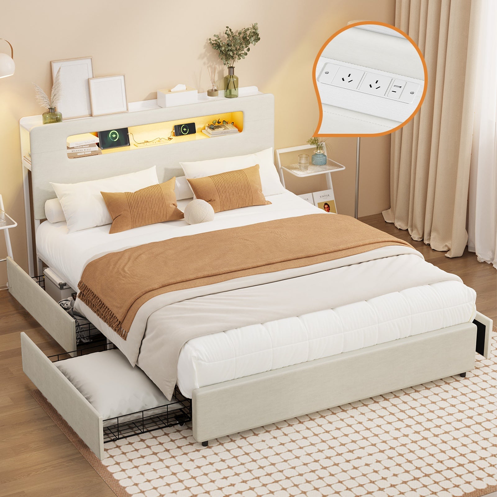 Oikiture Bed Frame Drawers Double Queen King with LED Charging Storage Bedhead - Sunyee