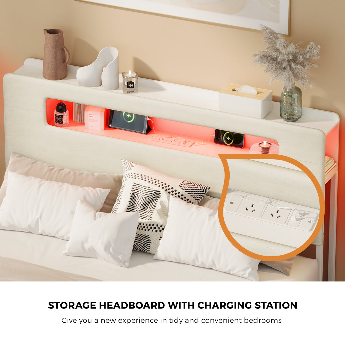 Oikiture Bed Frame Drawers Double Queen King with LED Charging Storage Bedhead - Sunyee