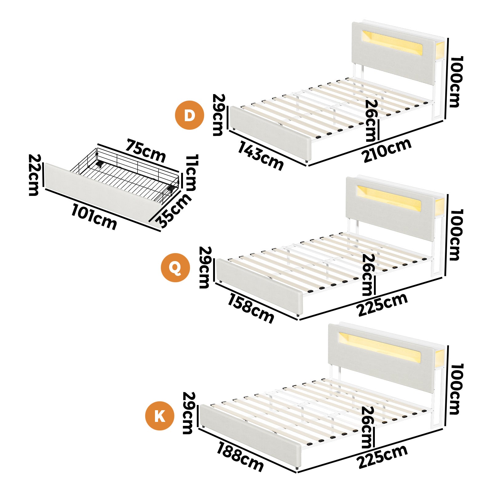 Oikiture Bed Frame Drawers Double Queen King with LED Charging Storage Bedhead - Sunyee