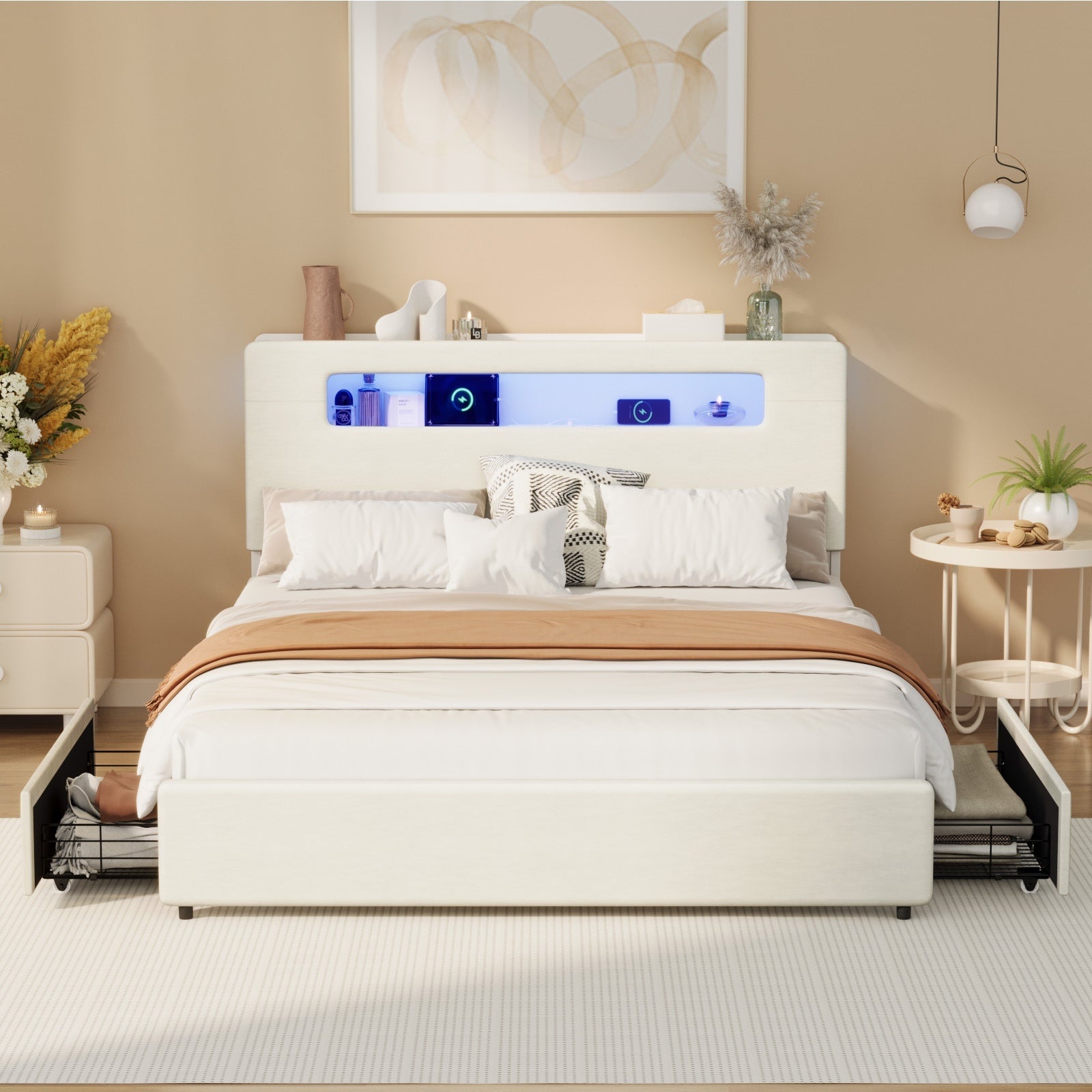 Oikiture Bed Frame 2 Drawers Double Size with LED Charging Storage Bedhead - Sunyee