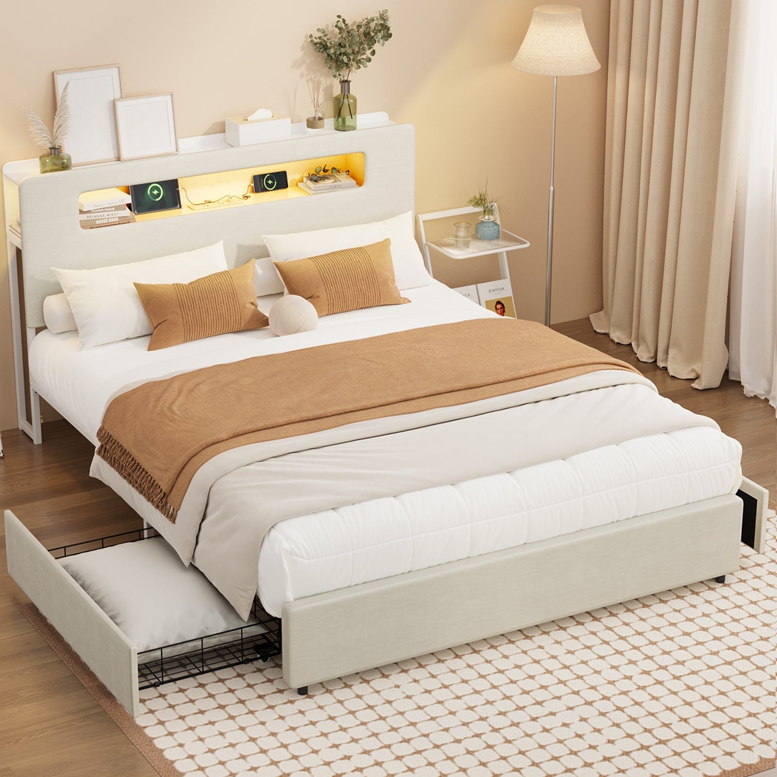 Oikiture Bed Frame Drawers Double Queen King with LED Charging Storage Bedhead - Sunyee