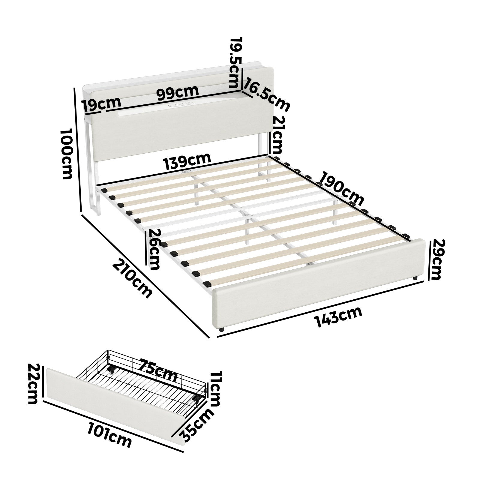 Oikiture Bed Frame 2 Drawers Double Size with LED Charging Storage Bedhead - Sunyee