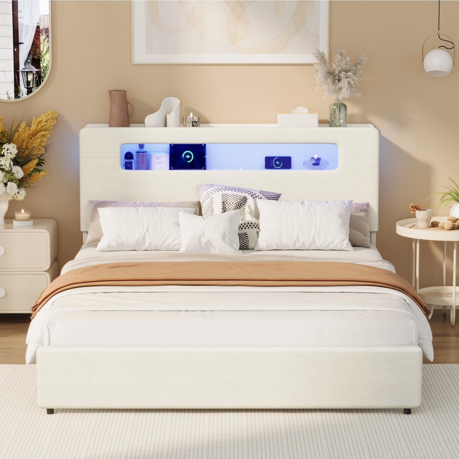 Oikiture Bed Frame Double Size with LED Lights USB Charging Storage Headboad - Sunyee