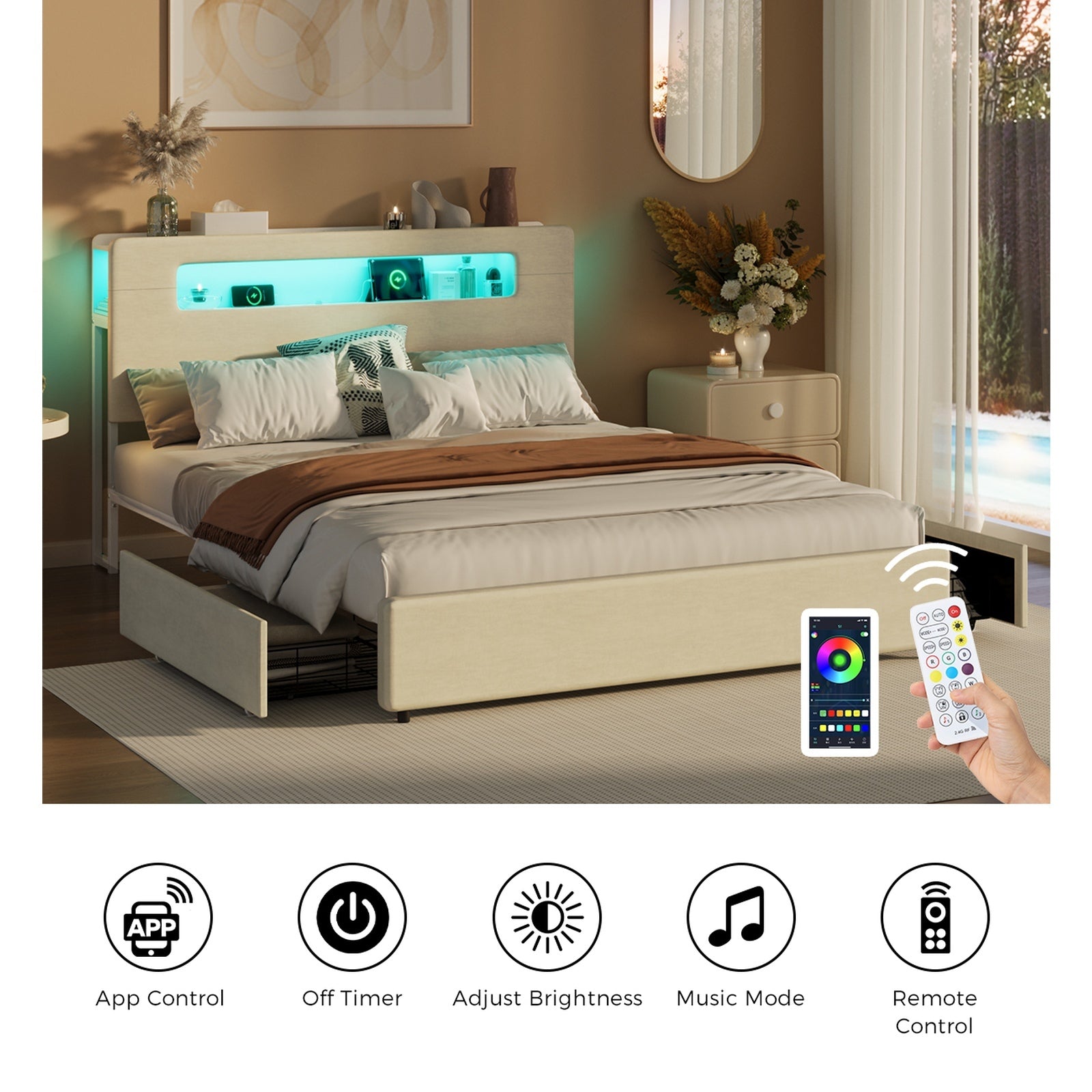 Oikiture Bed Frame Drawers Double Queen King with LED Charging Storage Bedhead - Sunyee