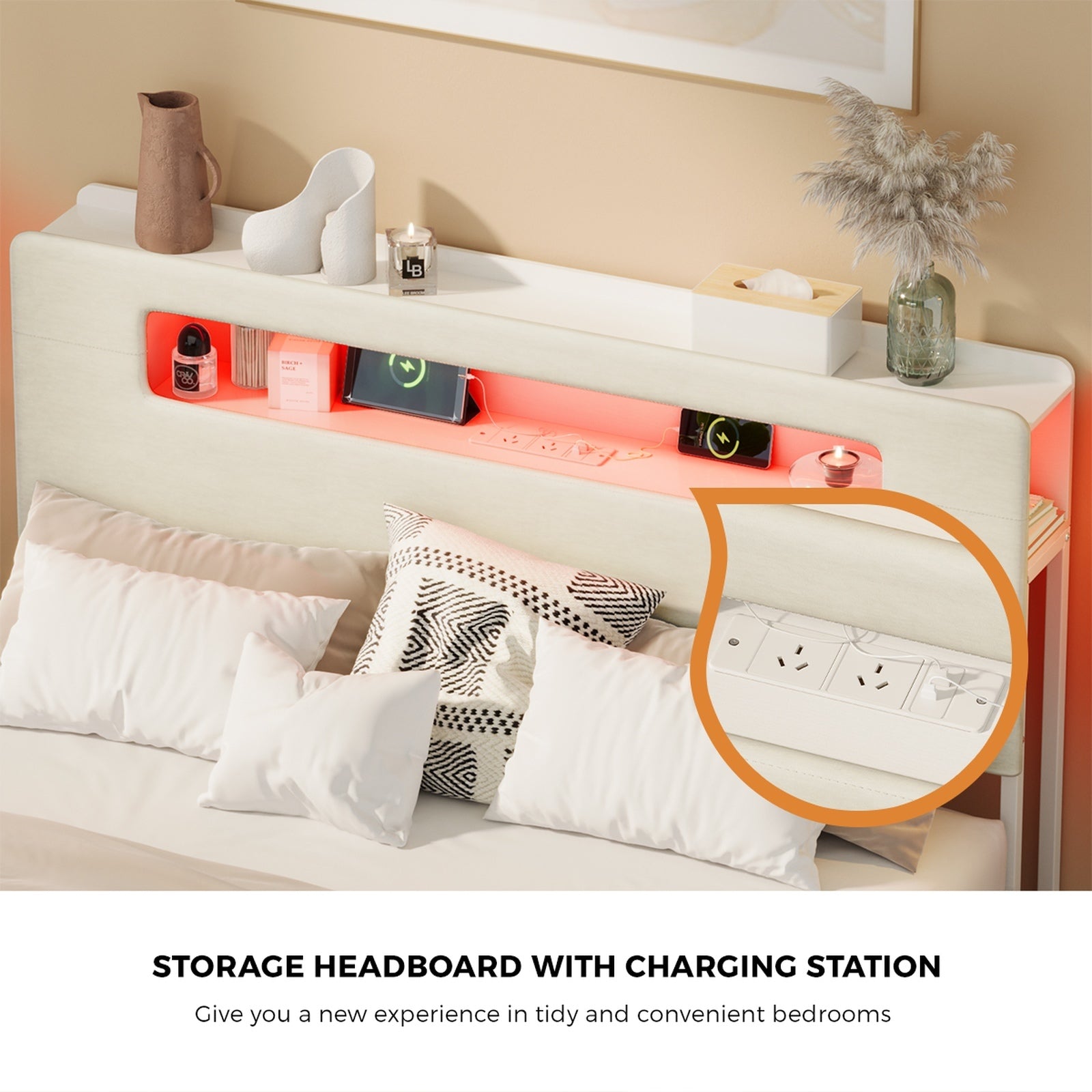 Oikiture Bed Frame Double Queen King with LED Lights USB Storage Headboad - Sunyee