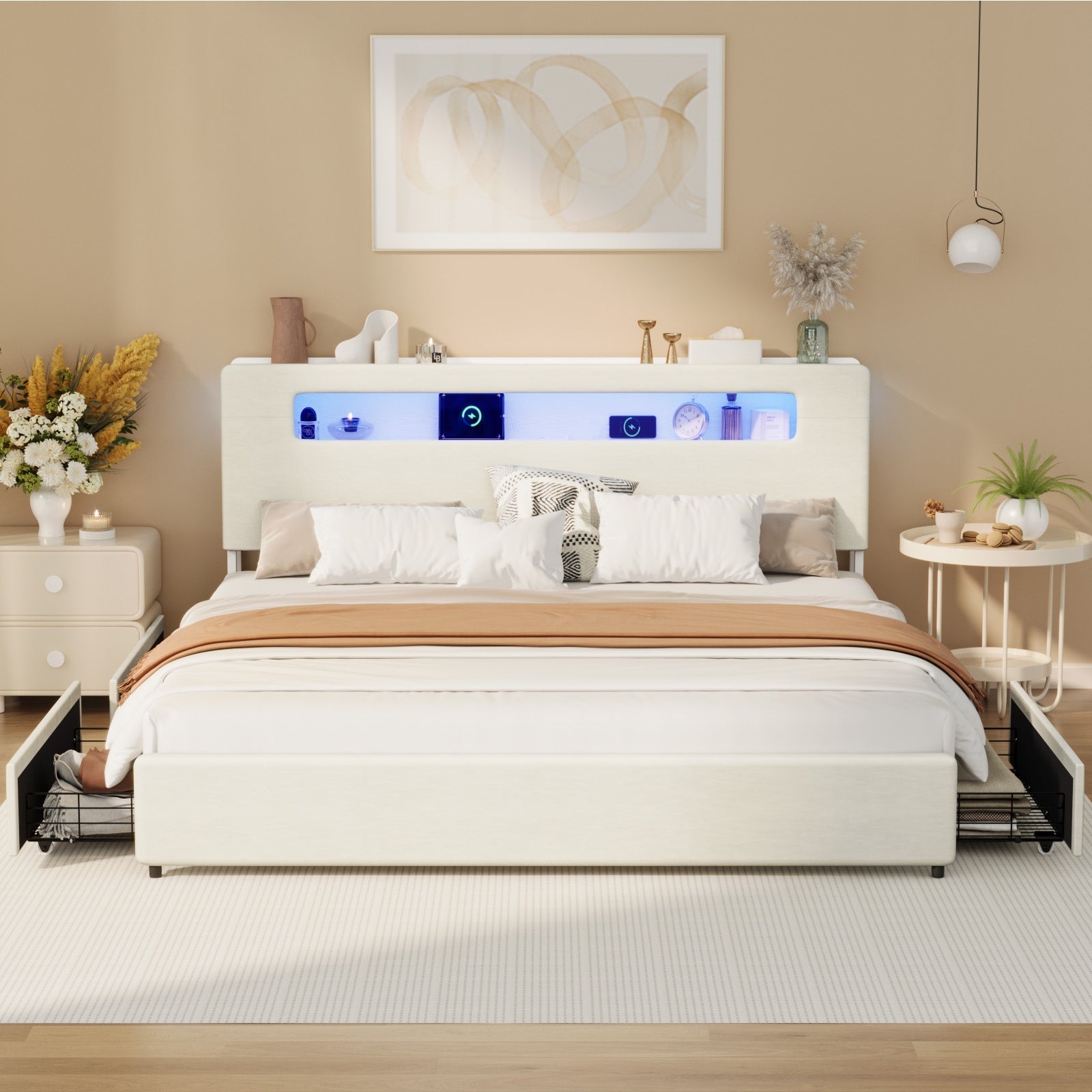 Oikiture Bed Frame 4 Drawers King Size with LED Charging Storage Bedhead - Sunyee