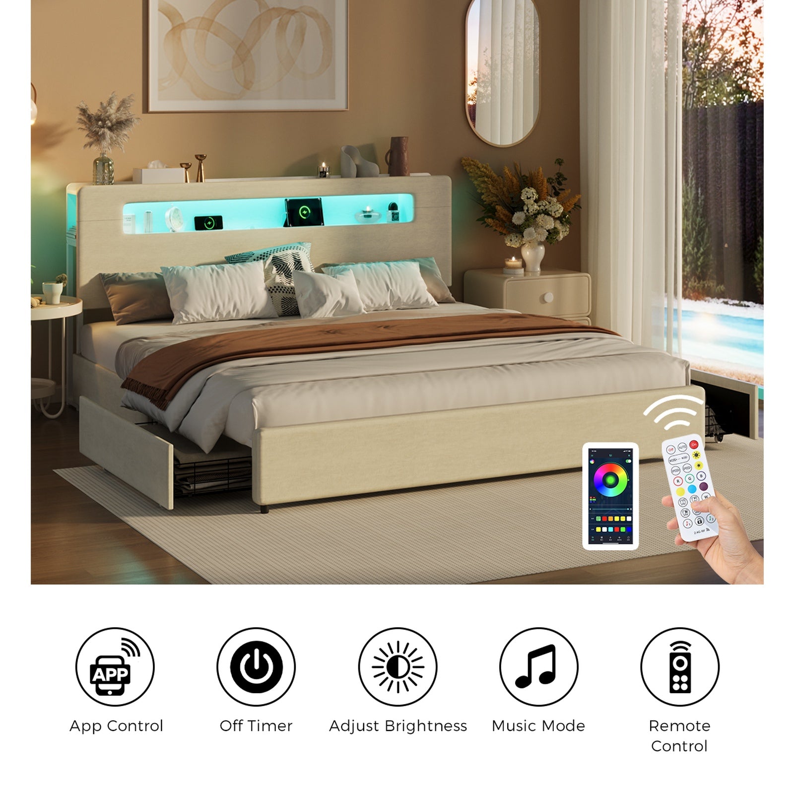 Oikiture Bed Frame 4 Drawers King Size with LED Charging Storage Bedhead - Sunyee