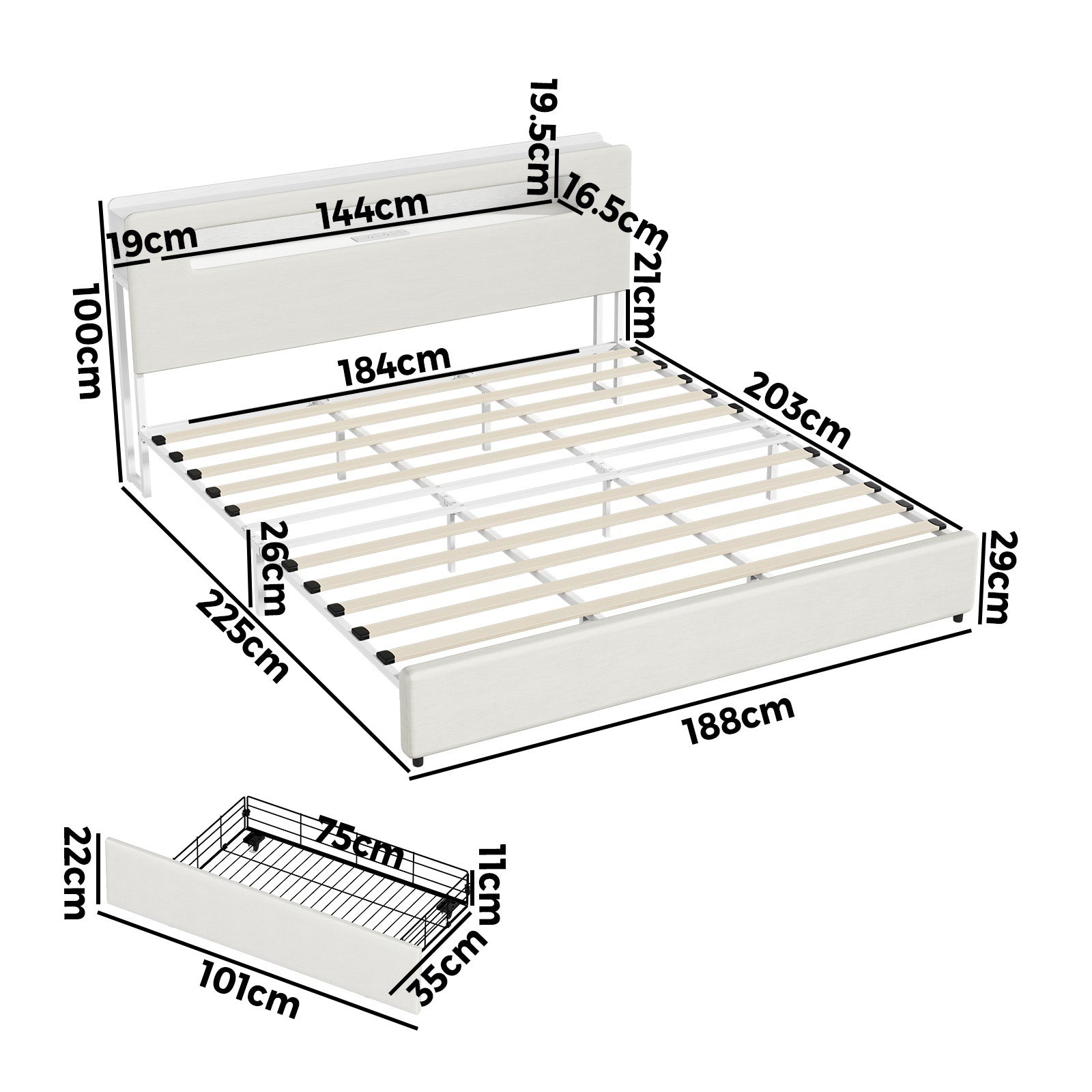 Oikiture Bed Frame 4 Drawers King Size with LED Charging Storage Bedhead - Sunyee