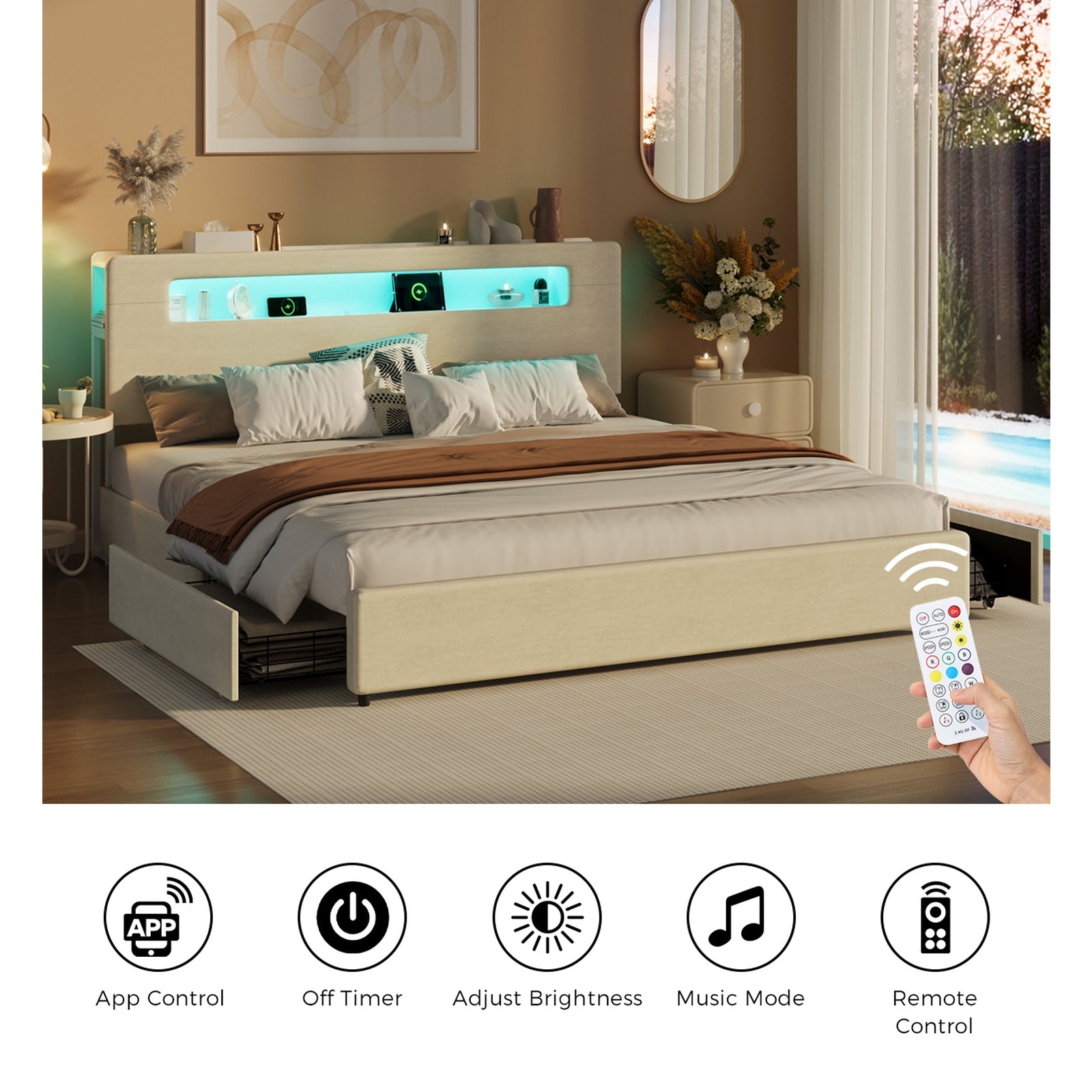 Oikiture Bed Frame 4 Drawers King Size with LED Charging Storage Bedhead - Sunyee