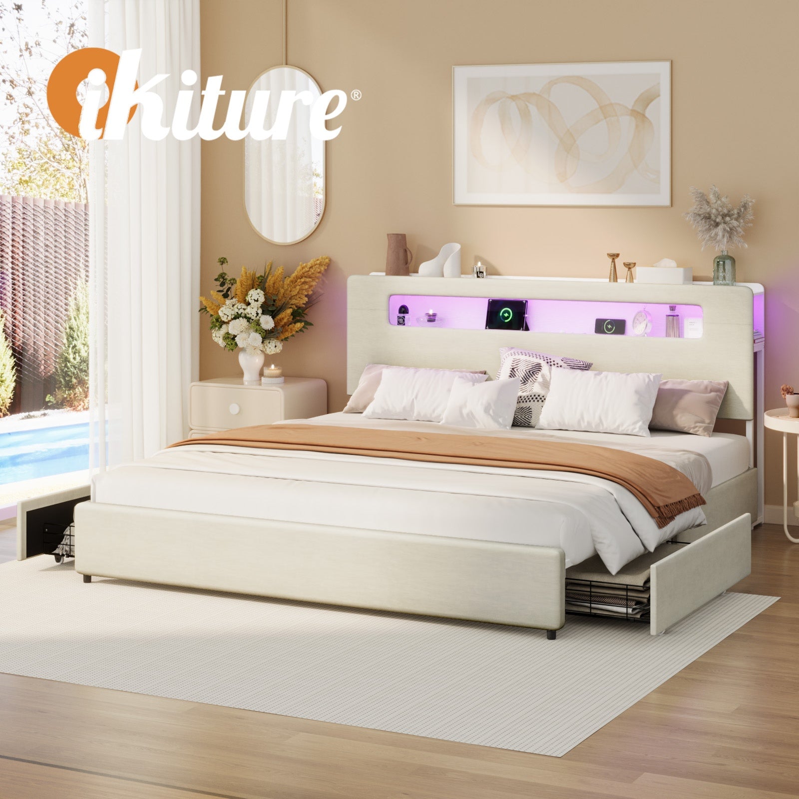 Oikiture Bed Frame 4 Drawers King Size with LED Charging Storage Bedhead - Sunyee
