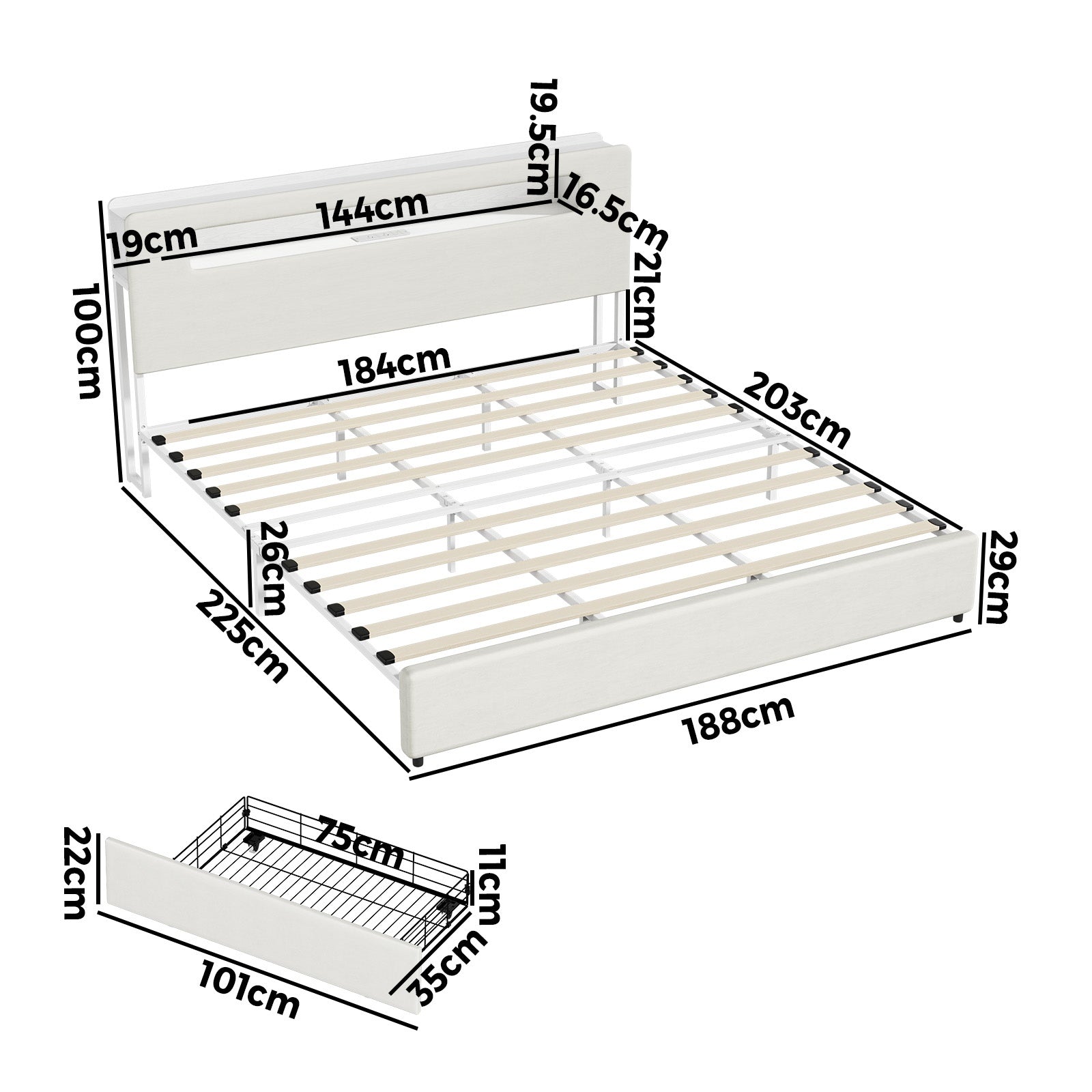 Oikiture Bed Frame 4 Drawers King Size with LED Charging Storage Bedhead - Sunyee