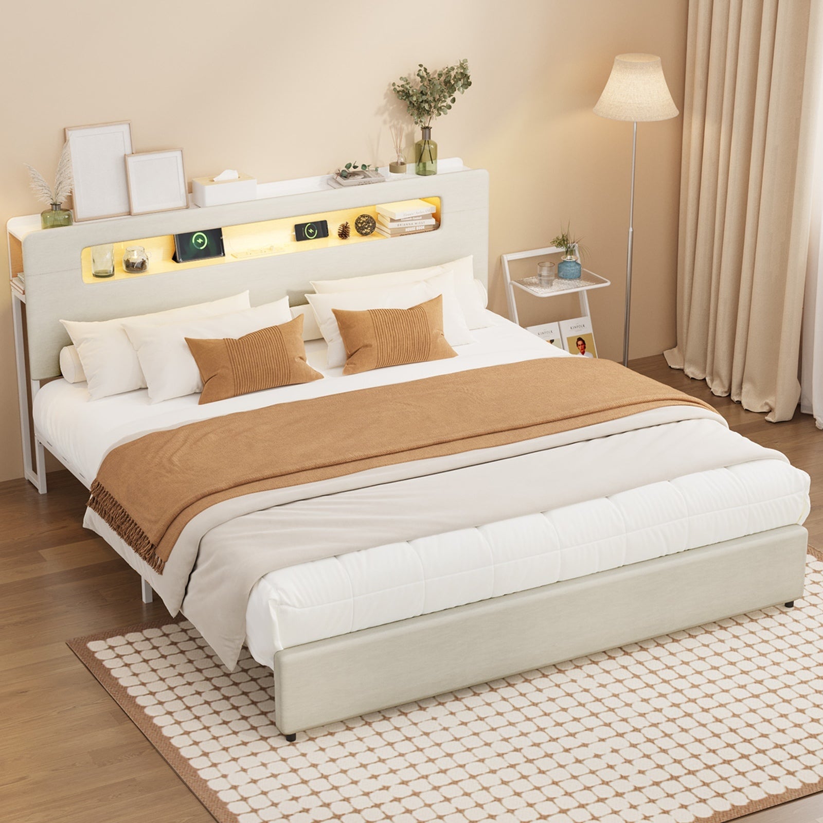 Oikiture Bed Frame Double Queen King with LED Lights USB Storage Headboad - Sunyee