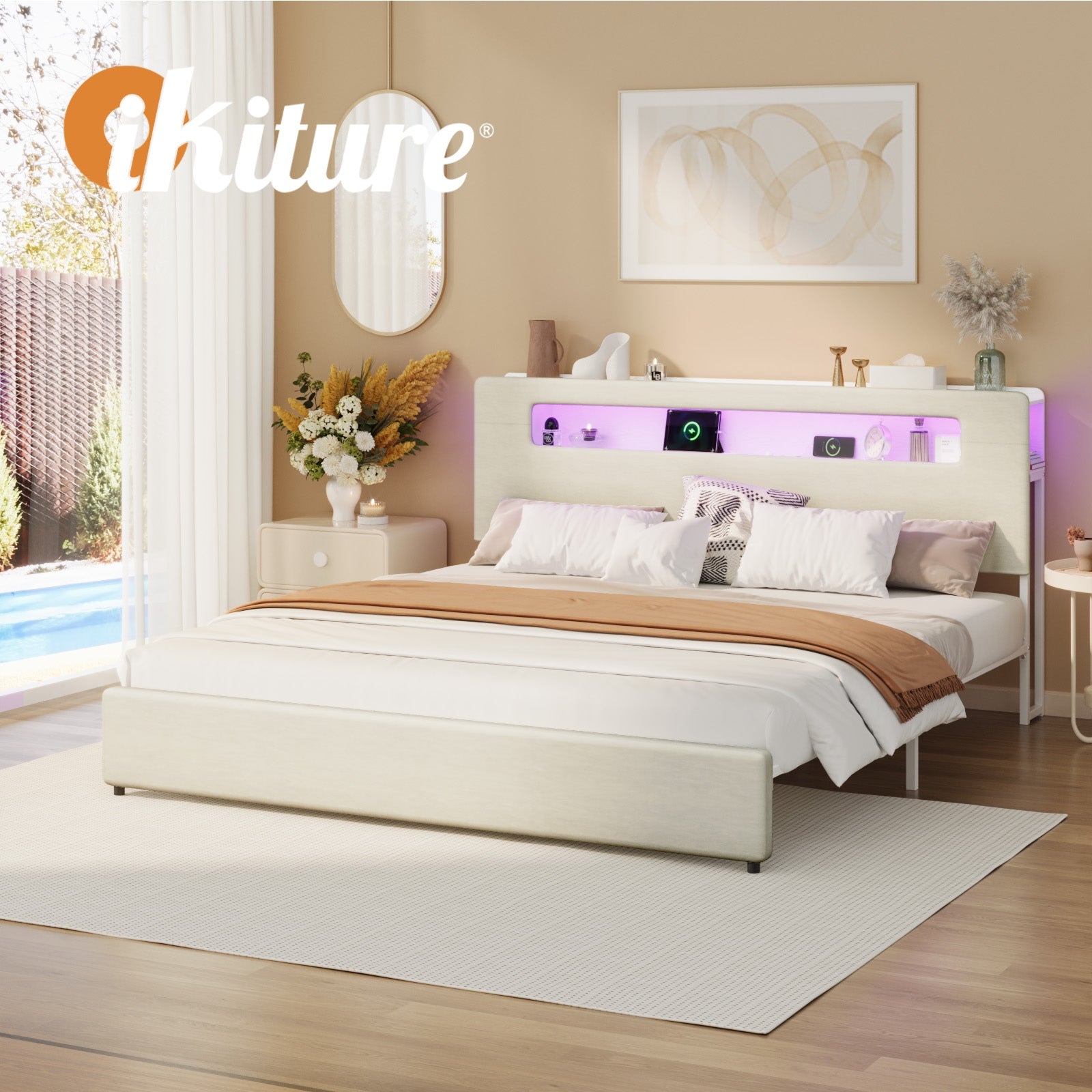 Oikiture Bed Frame King Size with LED Lights USB Charging Storage Headboad - Sunyee