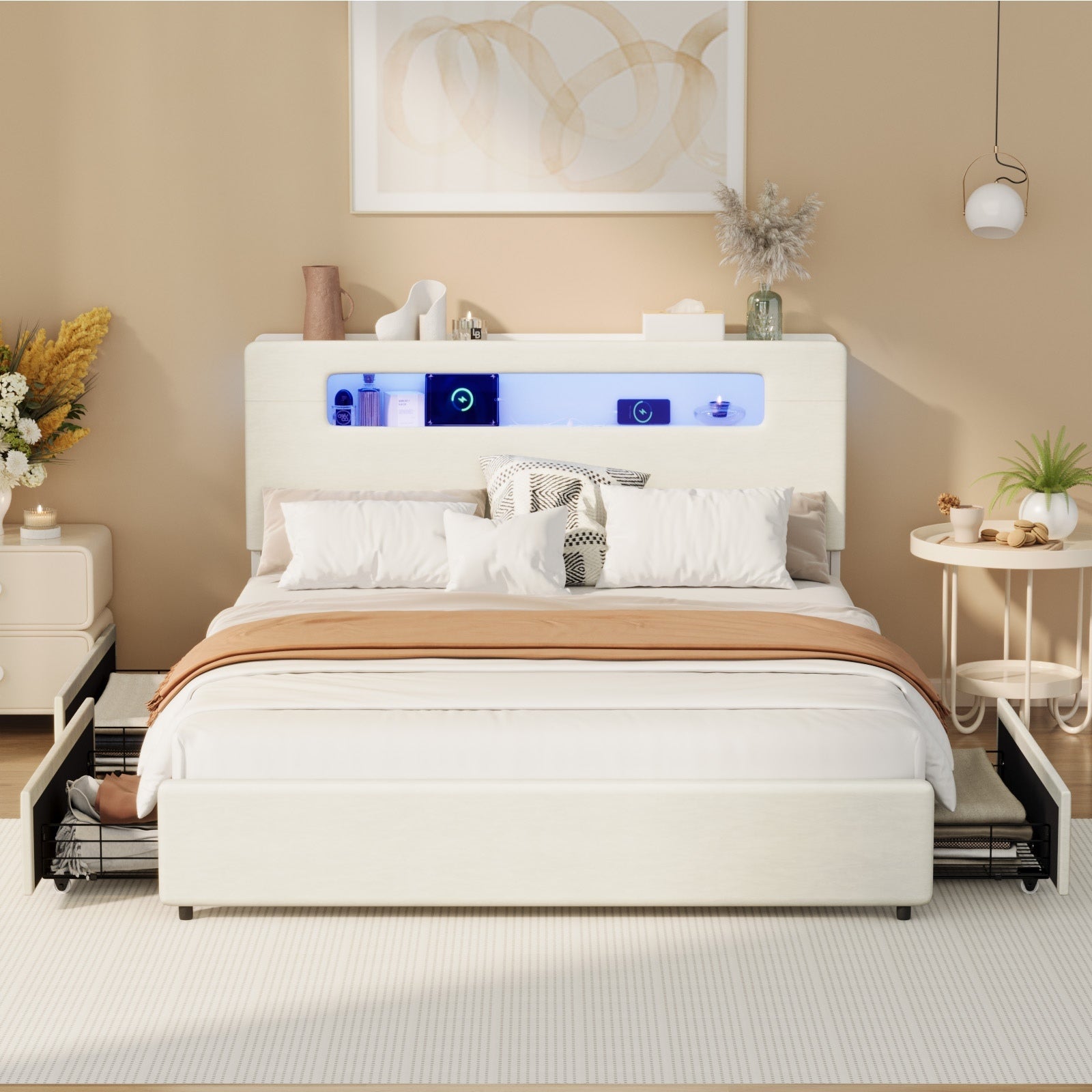 Oikiture Bed Frame 4 Drawers Queen Size with LED Charging Storage Bedhead - Sunyee