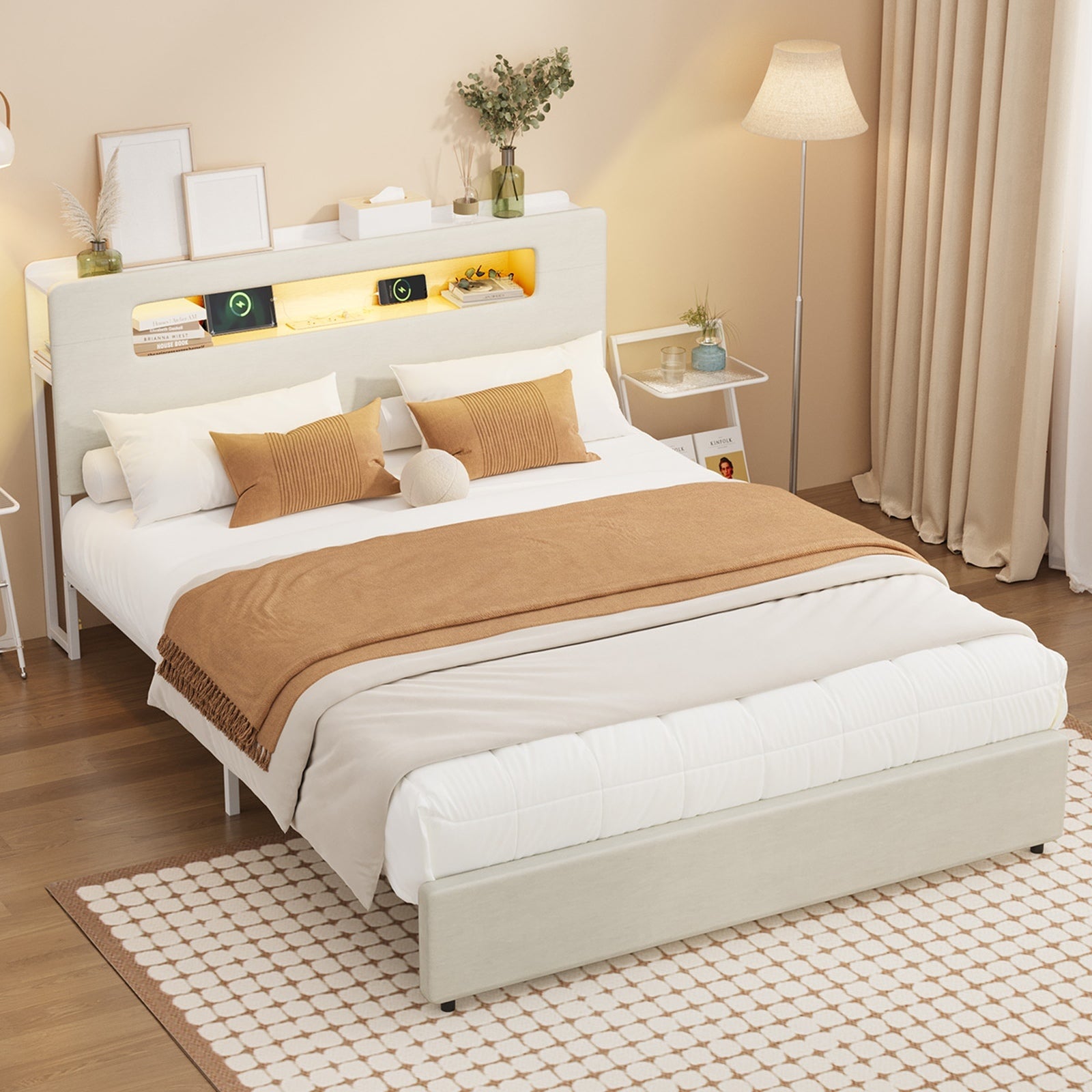 Oikiture Bed Frame Queen Size with LED Lights USB Charging Storage Headboad - Sunyee