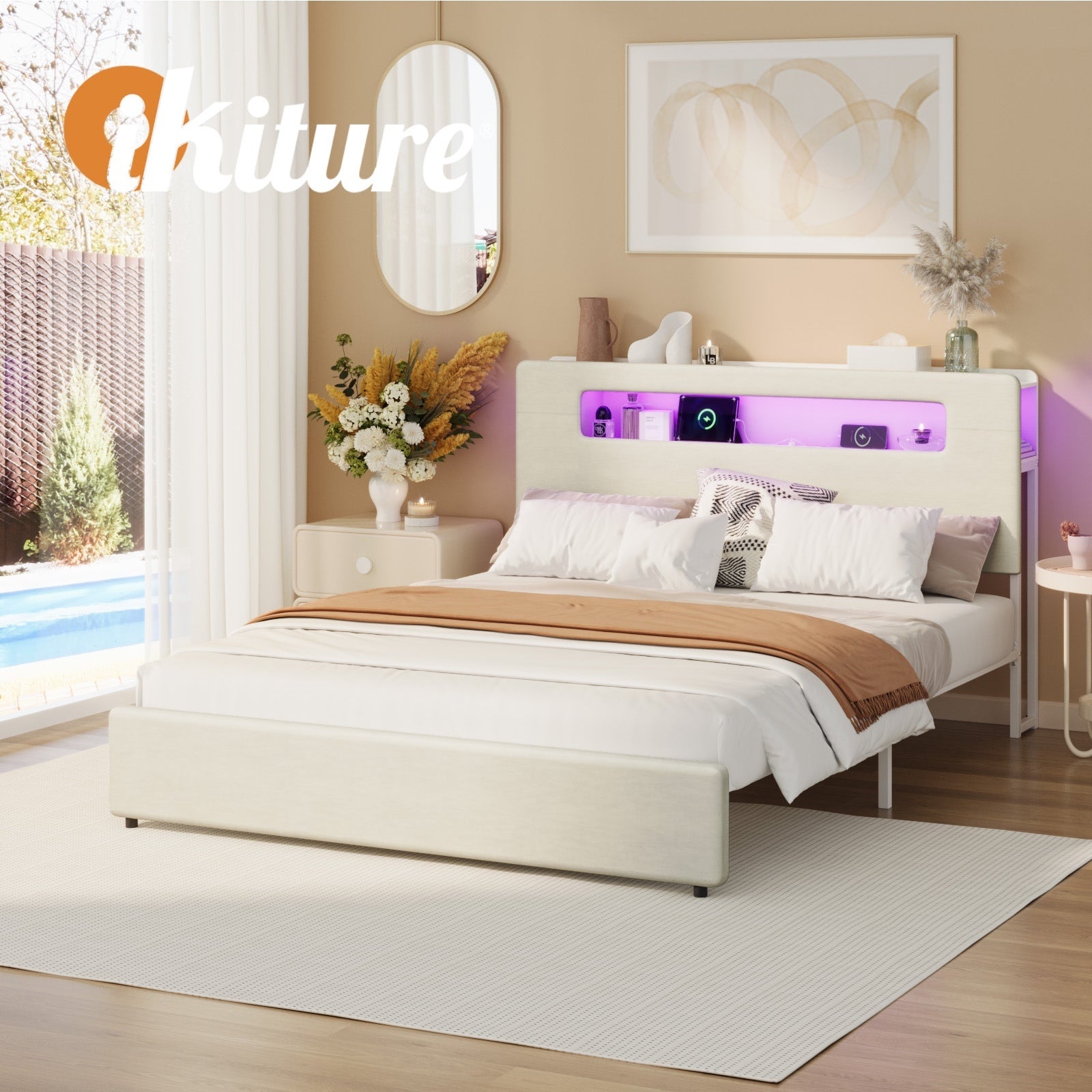 Oikiture Bed Frame Queen Size with LED Lights USB Charging Storage Headboad - Sunyee