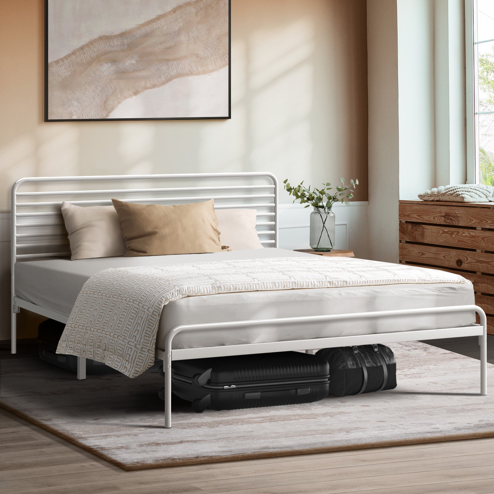 Oikiture Metal Bed Frame Double Size Bed Base Beds Platform White - Sunyee