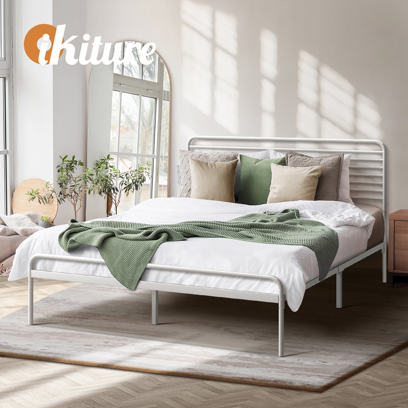 Oikiture Metal Bed Frame Double Size Bed Base Beds Platform White - Sunyee