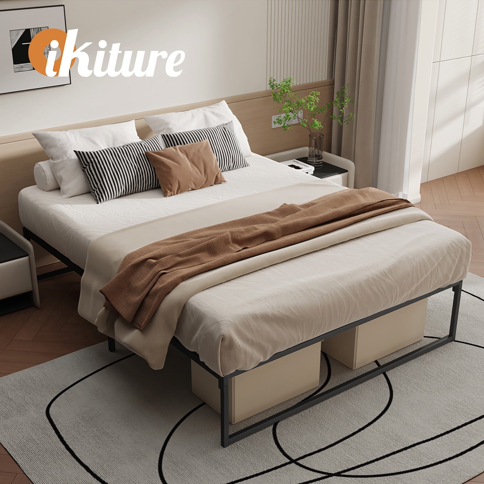 Oikiture Metal Bed Frame King Size Beds Base Platform Black - Sunyee