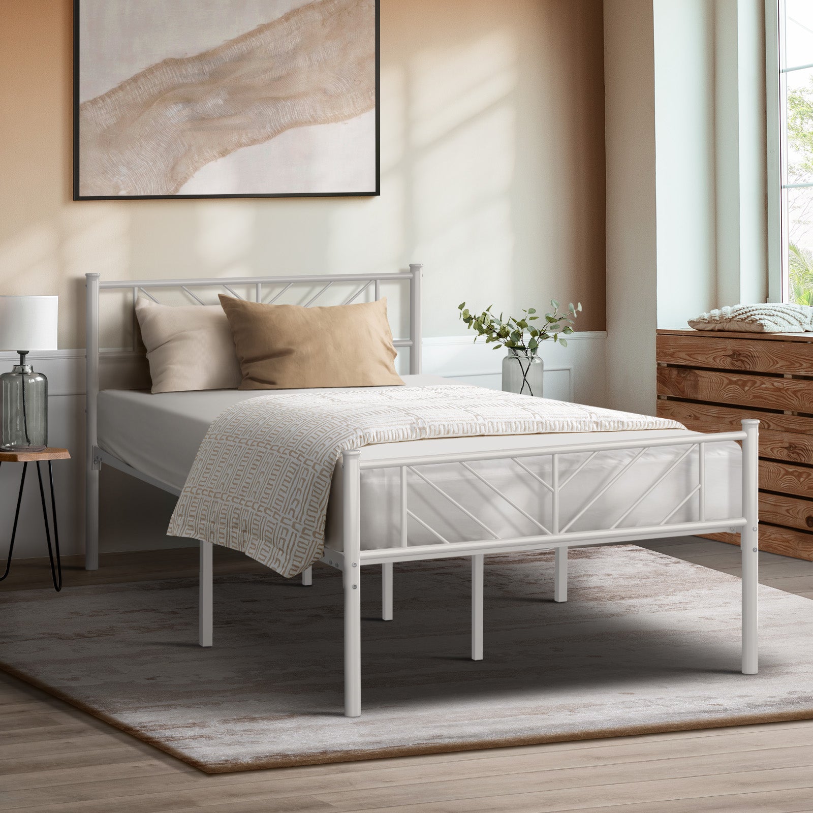 Oikiture Metal Bed Frame King Single Size Metal Base Mattress Platform White