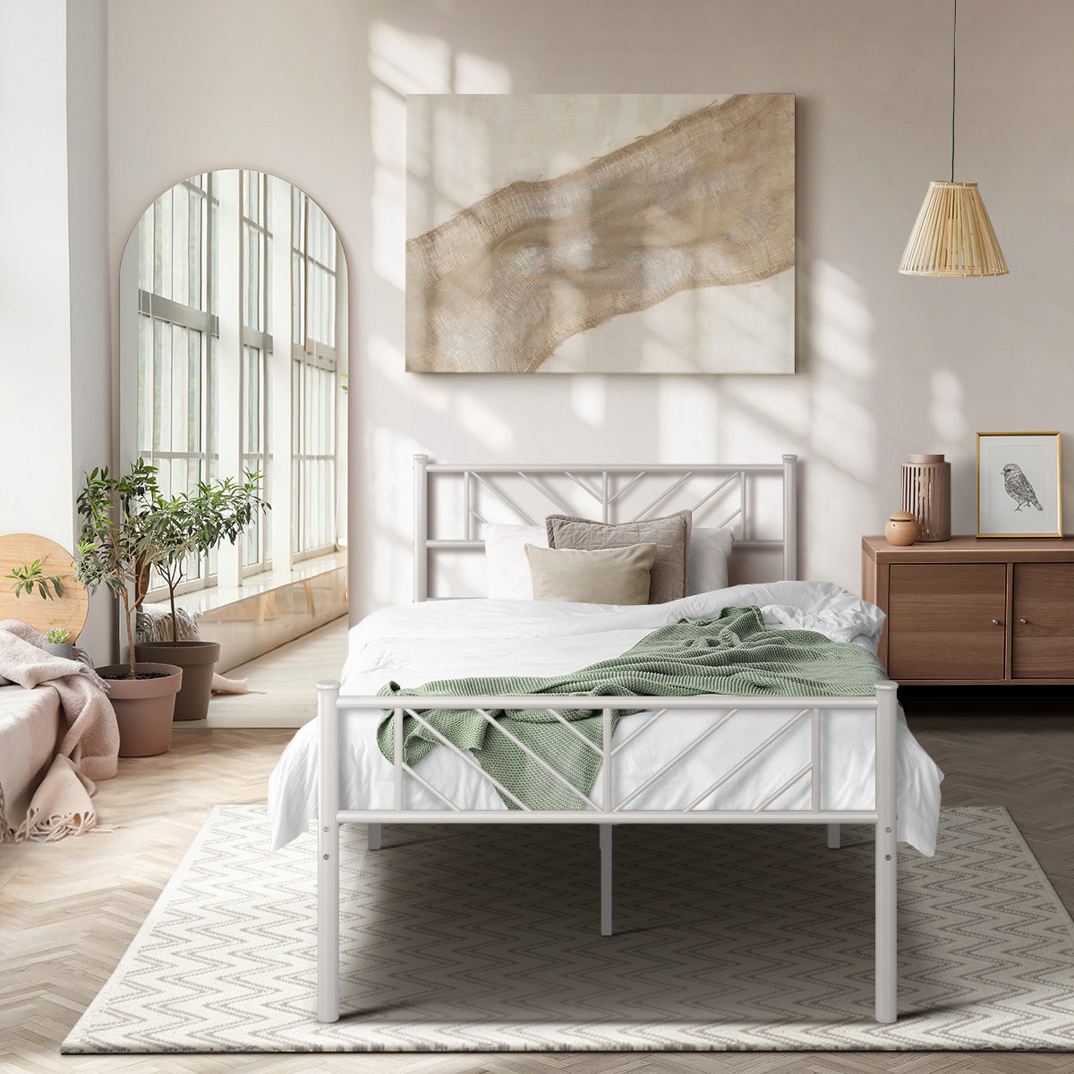 Oikiture Metal Bed Frame King Single Size Metal Base Mattress Platform White