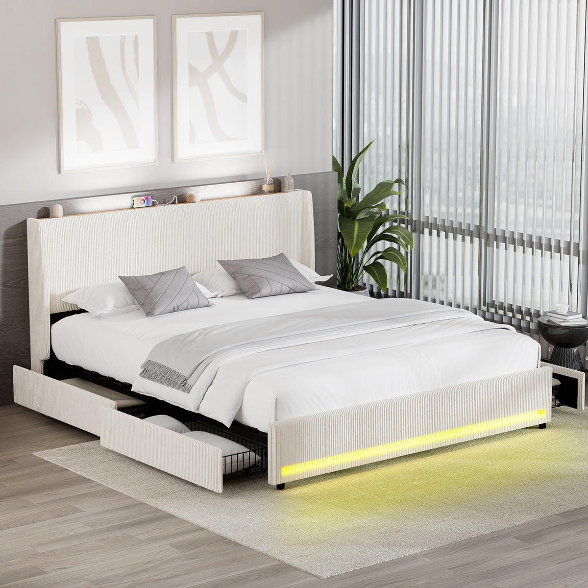 Oikiture LED Bed Frame King Size with Charging Station & 4 Drawers