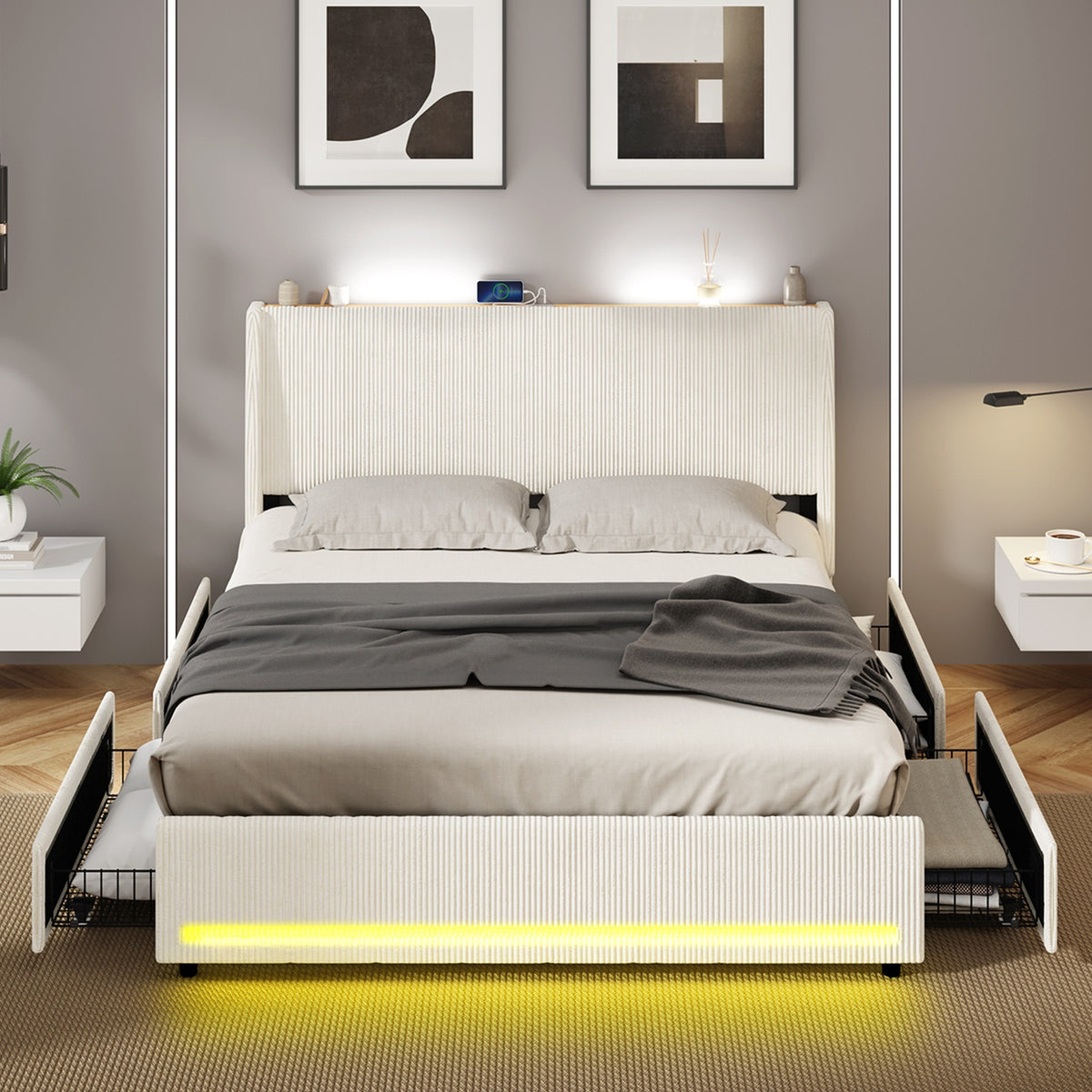 Oikiture LED Bed Frame Queen Size with Charging Station & 4 Drawers