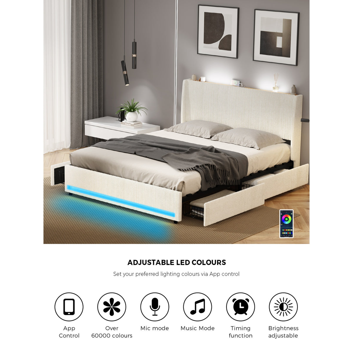 Oikiture LED Bed Frame Queen Size with Charging Station & 4 Drawers