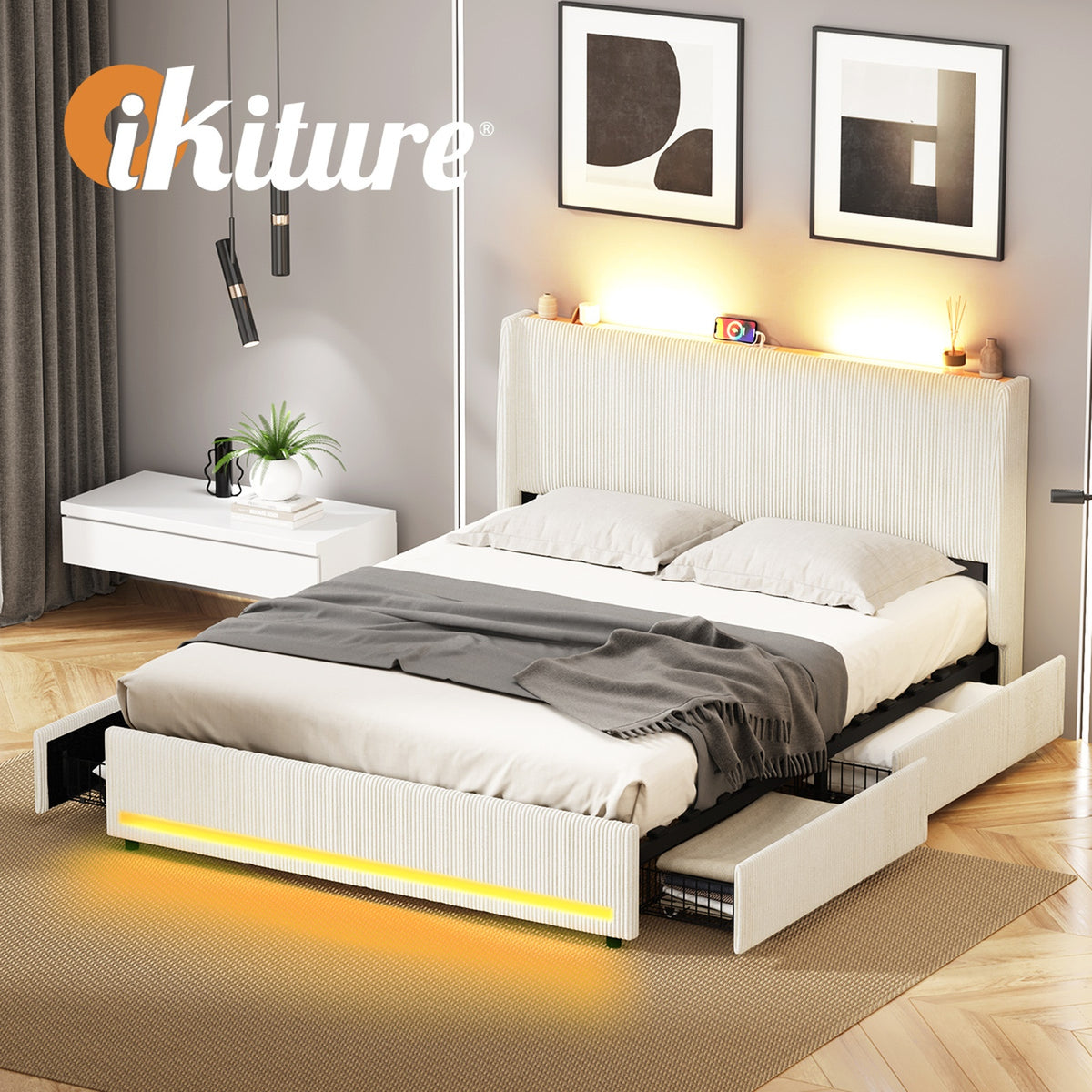Oikiture LED Bed Frame Queen Size with Charging Station & 4 Drawers