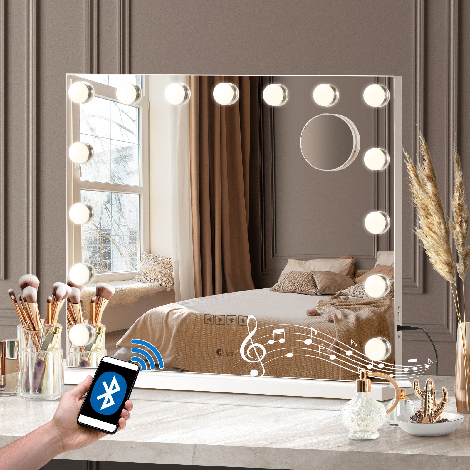 Oikiture Hollywood Mirrors Makeup Magnifying Mirror Bluetooth with LED Lights - Sunyee