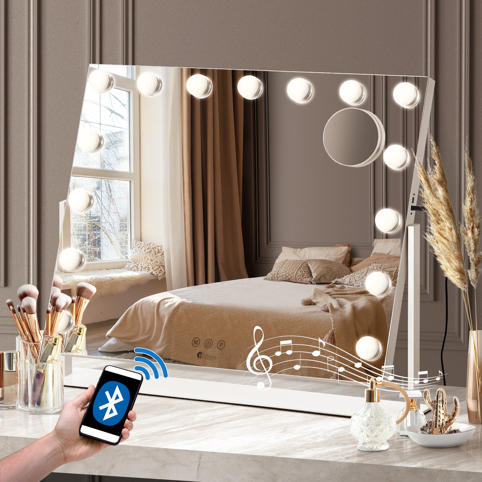 Oikiture Hollywood Mirrors Makeup Magnifying Mirror Bluetooth with LED Lights - Sunyee