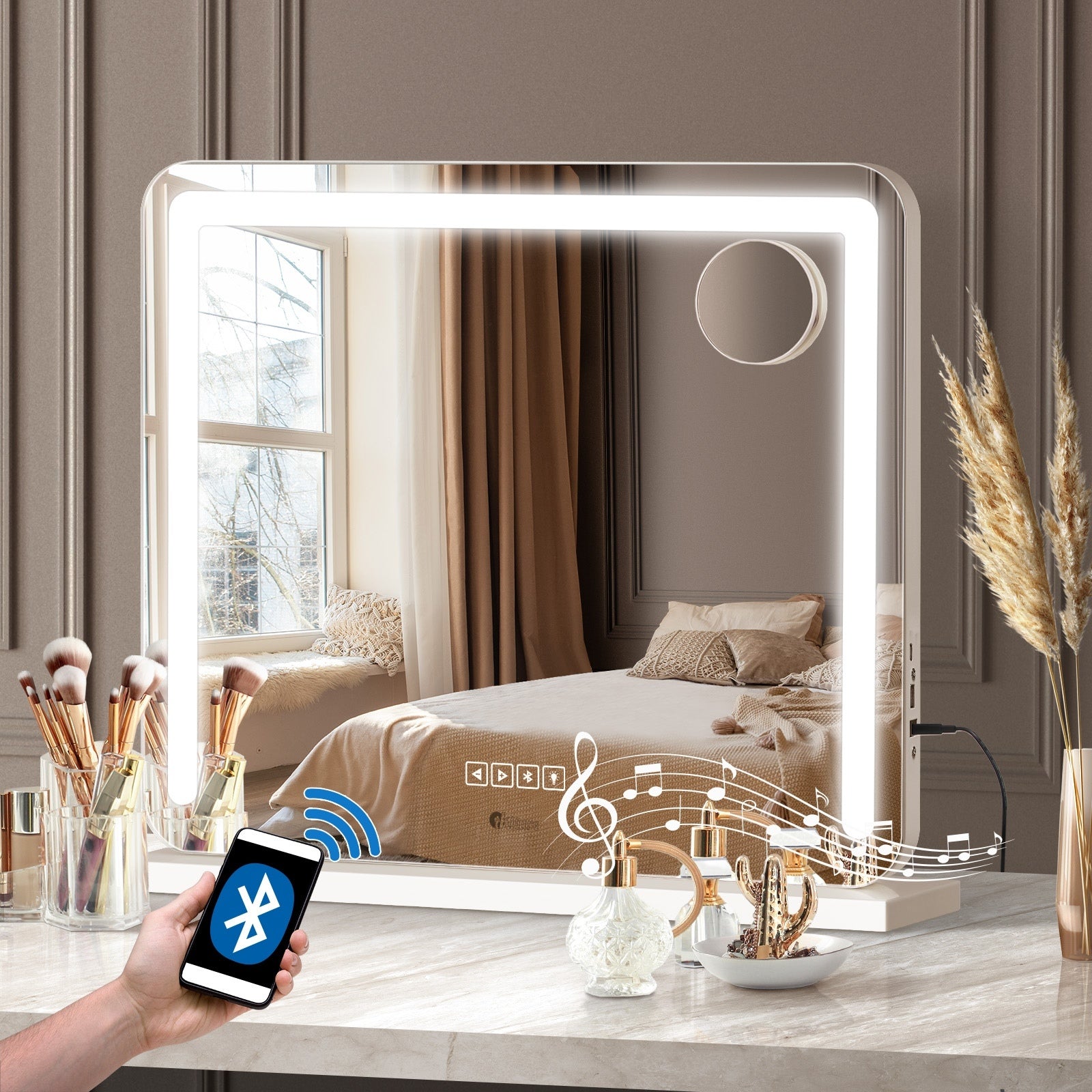 Oikiture Hollywood Mirrors Makeup Magnifying Mirror Bluetooth with LED Lights - Sunyee