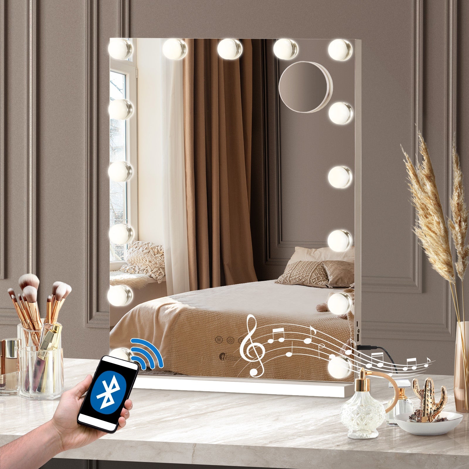 Oikiture Hollywood Mirrors Makeup Magnifying Mirror Bluetooth with LED Lights - Sunyee