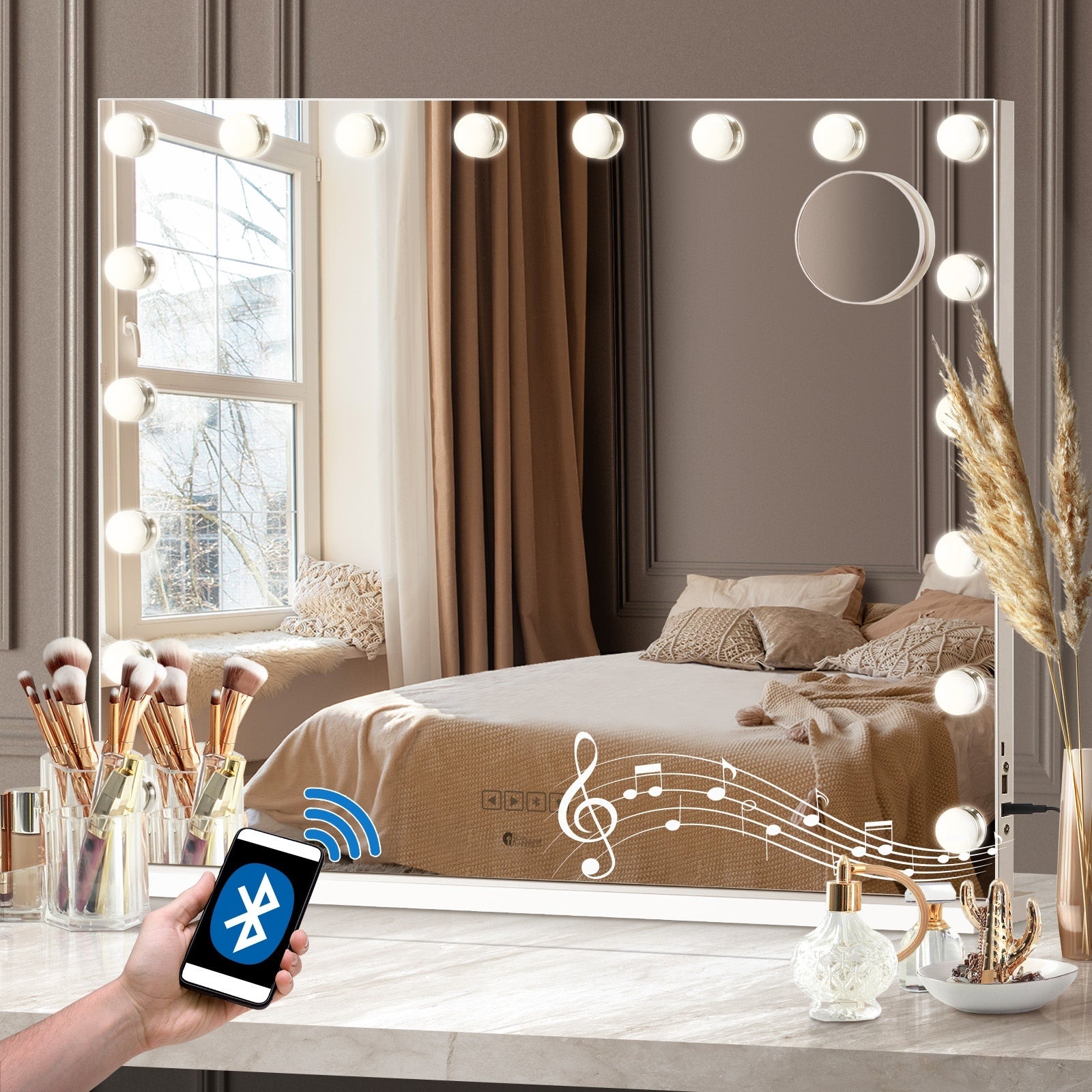 Oikiture Hollywood Mirrors Makeup Magnifying Mirror Bluetooth with LED Lights - Sunyee
