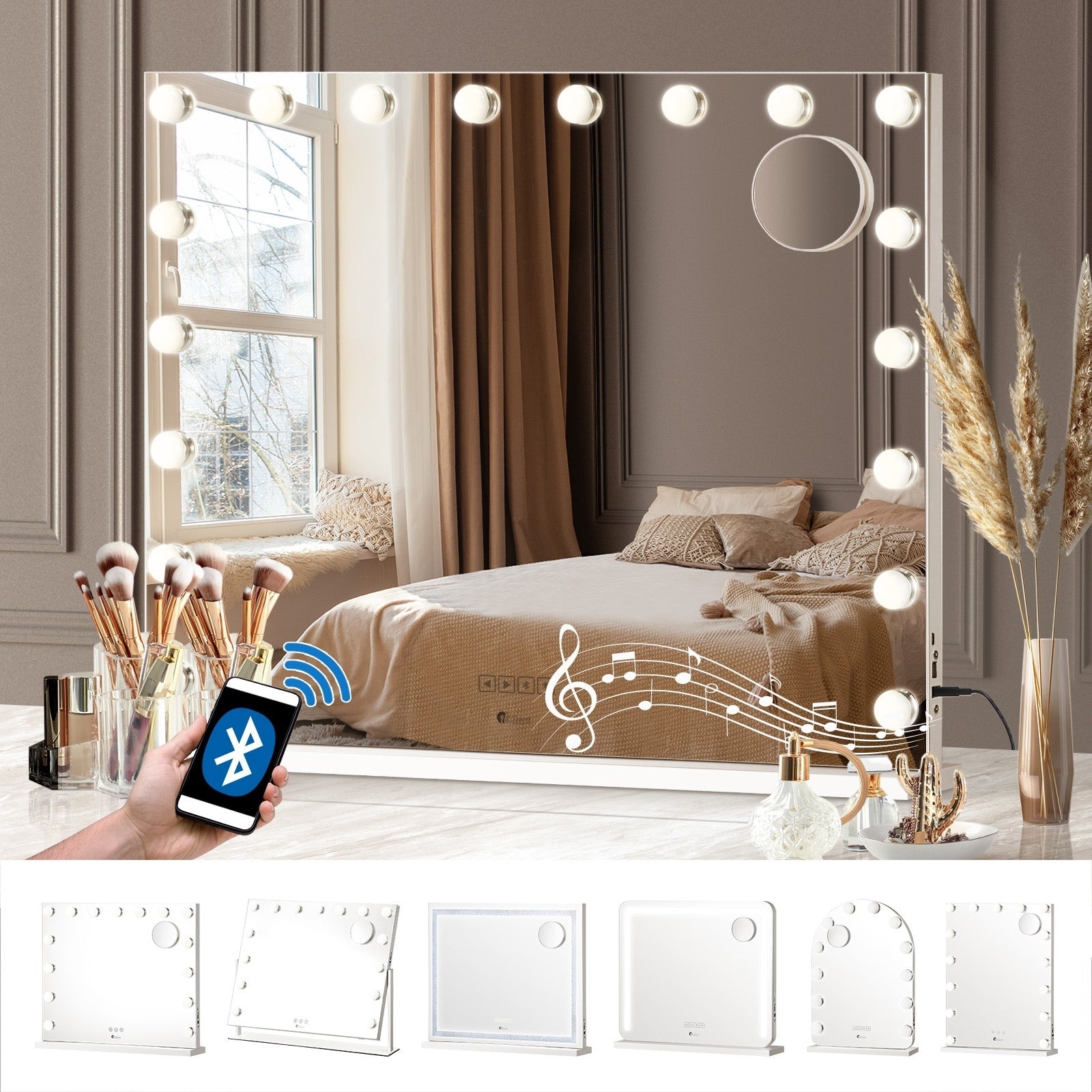 Oikiture Hollywood Mirrors Makeup Magnifying Mirror Bluetooth with LED Lights - Sunyee