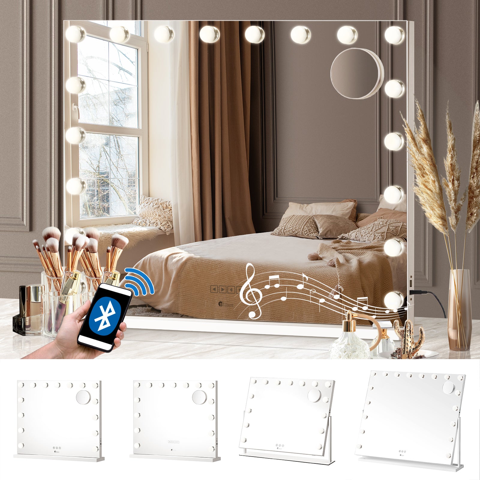 Oikiture Hollywood Mirrors Makeup Magnifying Mirror Bluetooth with LED Lights - Sunyee