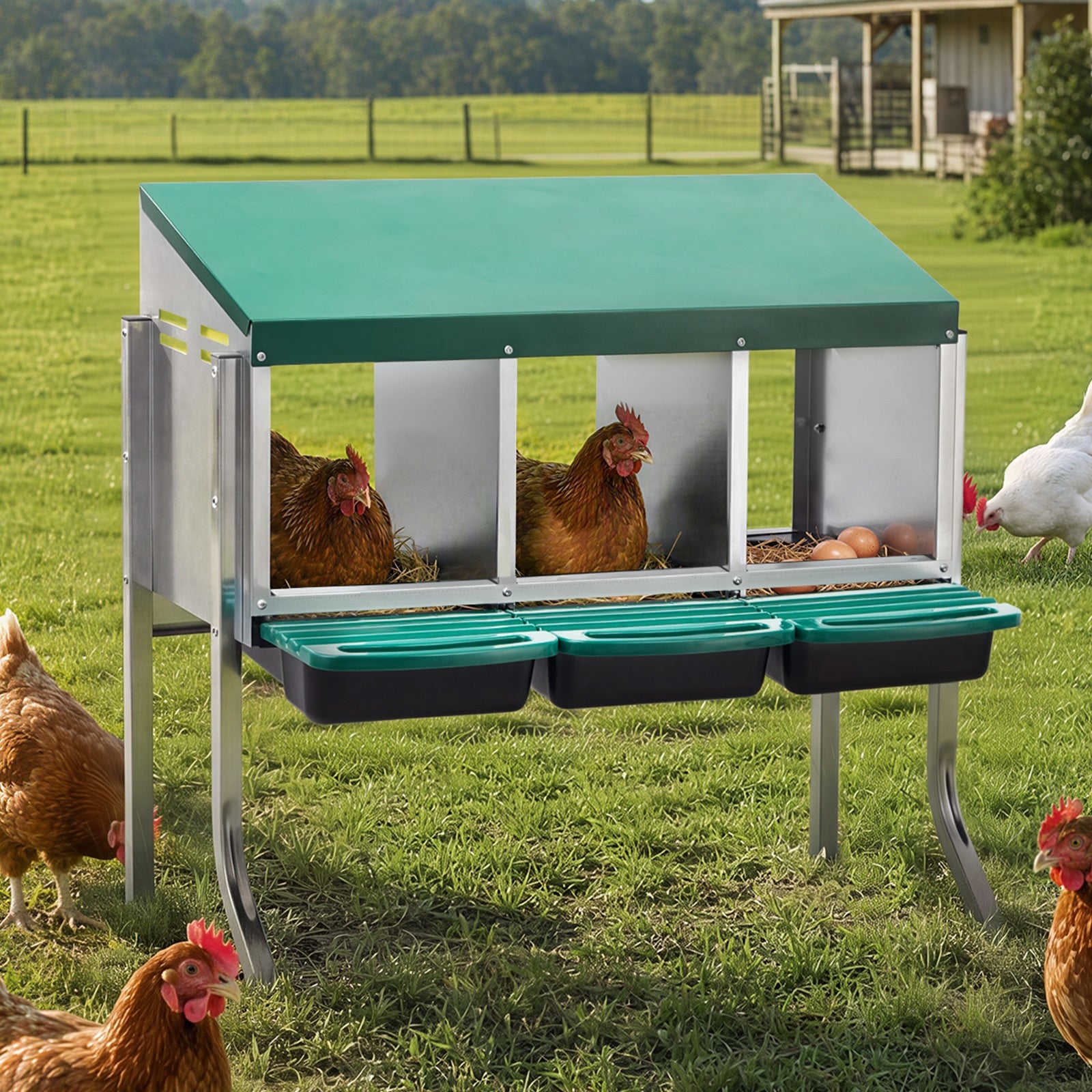 Alopet 3 Holes Chicken Nesting Box Roll Away Hen Chook Laying Boxes with Stand